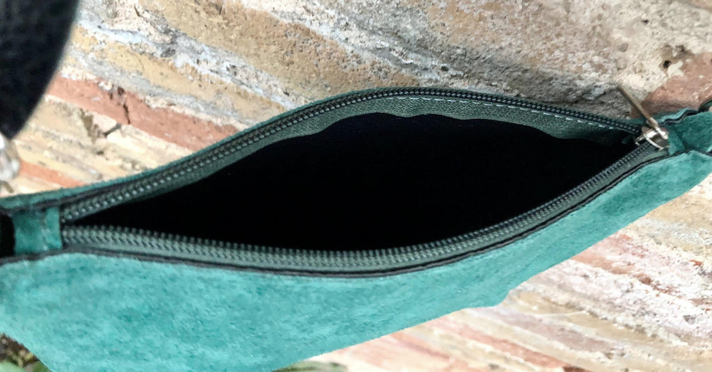 Dark green suede leather bag. Small crossbody / shoulder bag in GENUINE leather. Adjustable strap and zipper. Green suede purse