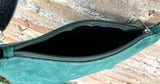 Dark green suede leather bag. Small crossbody / shoulder bag in GENUINE leather. Adjustable strap and zipper. Green suede purse