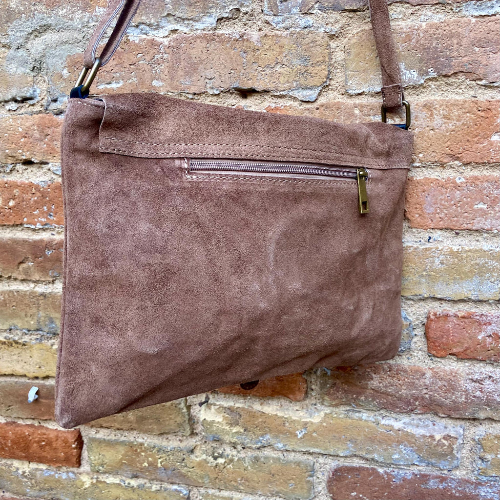 Cross body suede bag. GENUINE leather bag in TAUPE brown. Greyge BOHO natural leather bag. Messenger bag in suede for books, tablets...