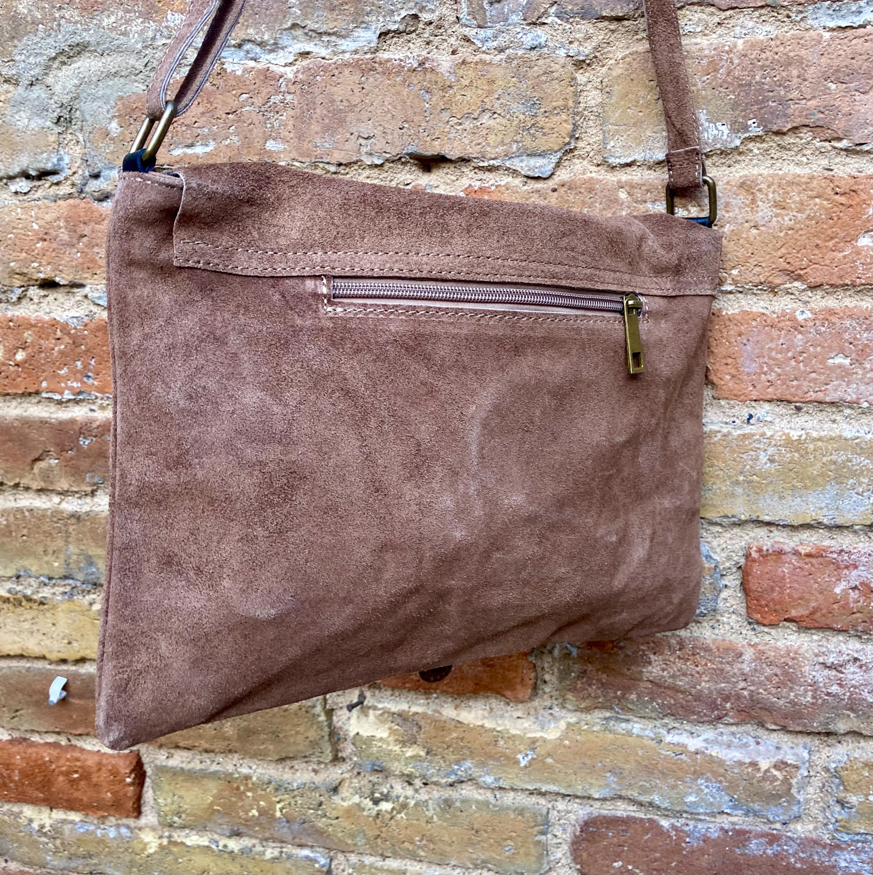 Cross body suede bag. GENUINE leather bag in TAUPE brown. Greyge BOHO natural leather bag. Messenger bag in suede for books, tablets...