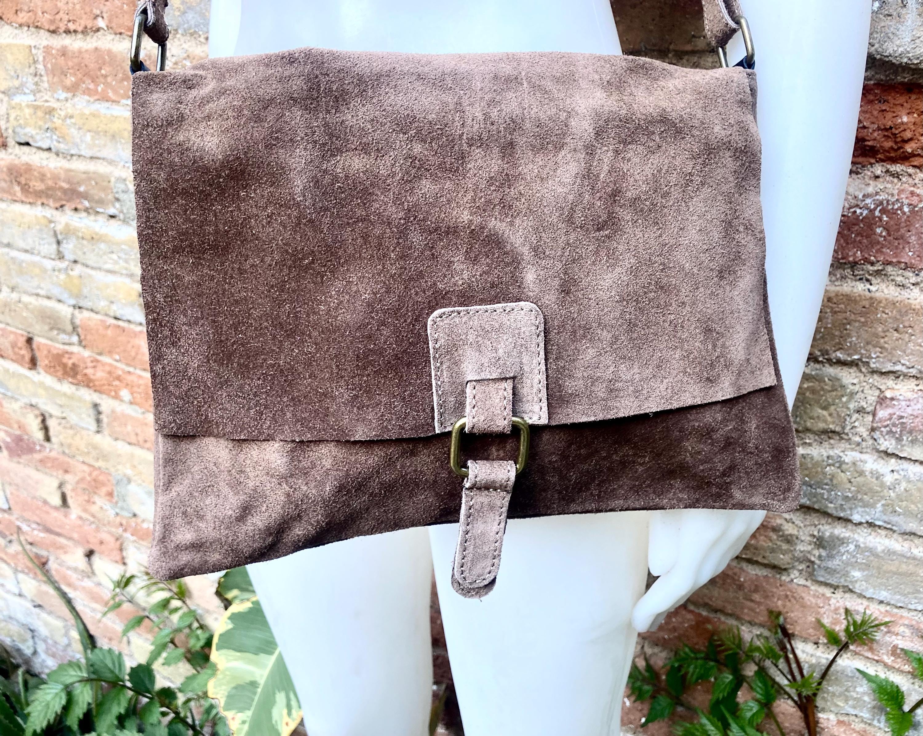Cross body suede bag. GENUINE leather bag in TAUPE brown. Greyge BOHO natural leather bag. Messenger bag in suede for books, tablets...