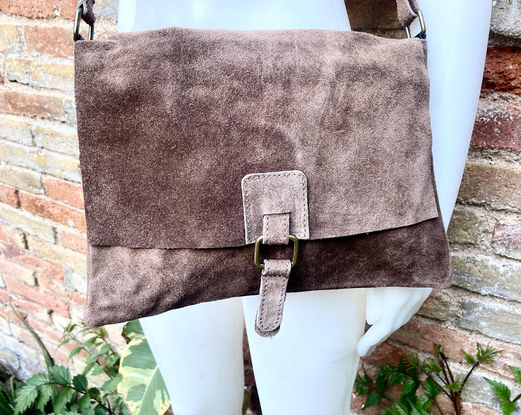 Cross body suede bag. GENUINE leather bag in TAUPE brown. Greyge BOHO natural leather bag. Messenger bag in suede for books, tablets...
