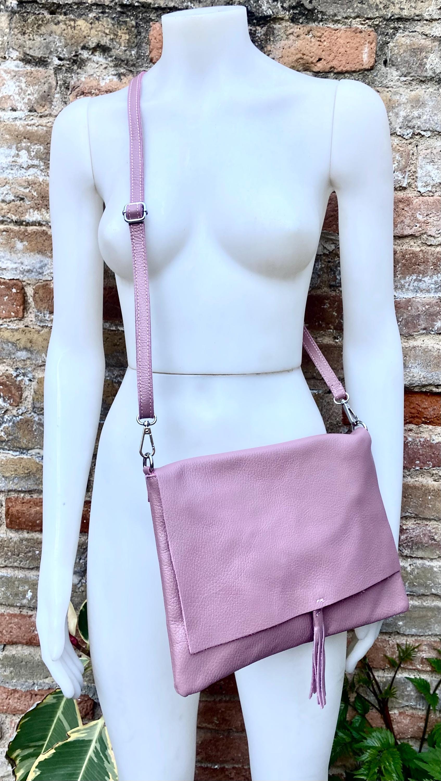 Raspberry pink crossbody / shoulder bag. Soft genuine leather. Medium cerise pink messenger bag. Zipper and adjustable strap