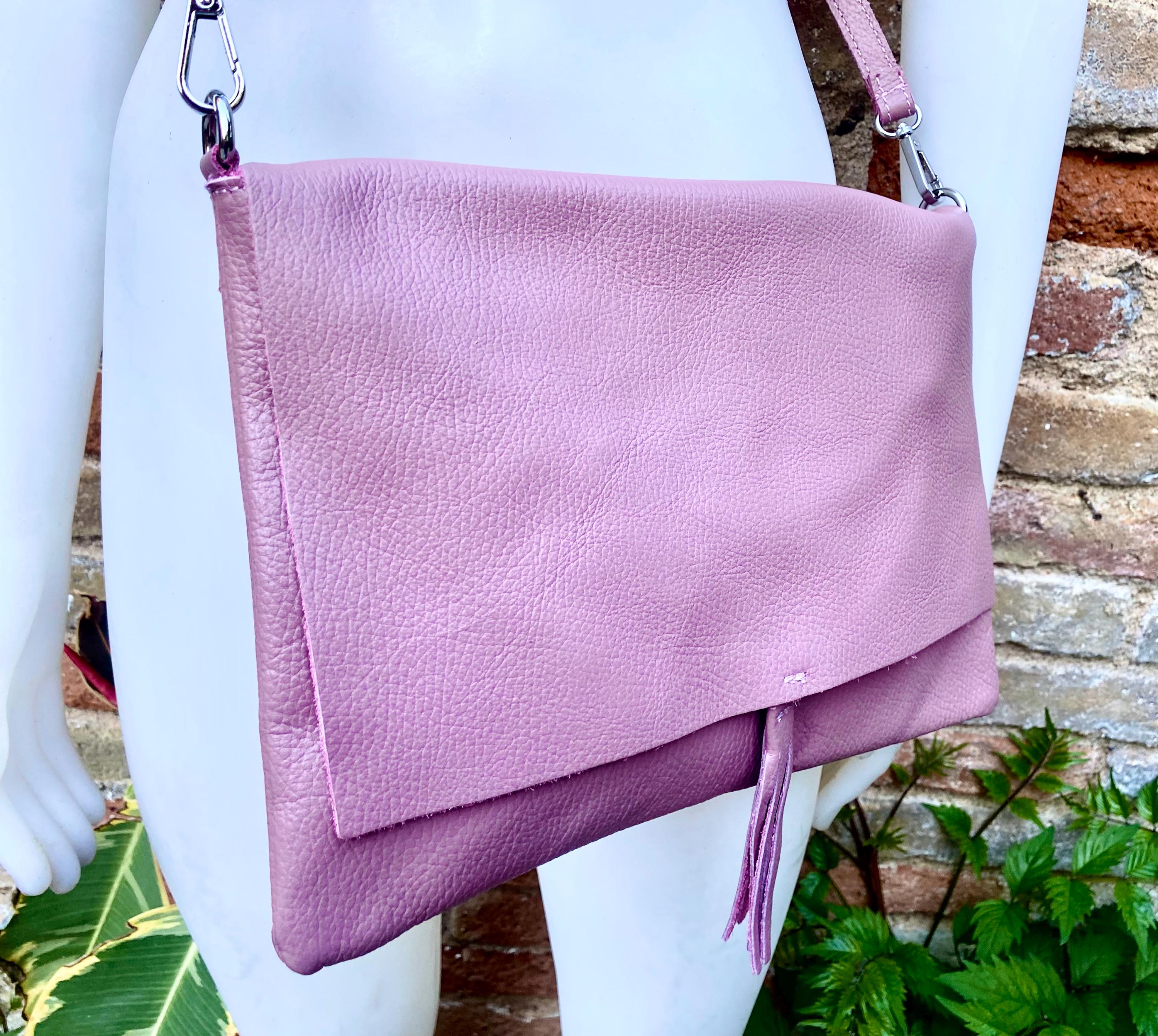 Raspberry pink crossbody / shoulder bag. Soft genuine leather. Medium cerise pink messenger bag. Zipper and adjustable strap
