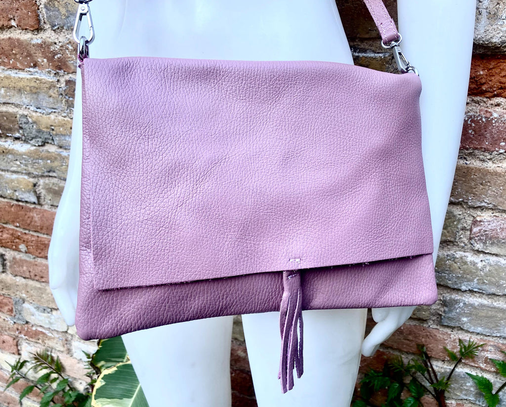 Raspberry pink crossbody / shoulder bag. Soft genuine leather. Medium cerise pink messenger bag. Zipper and adjustable strap