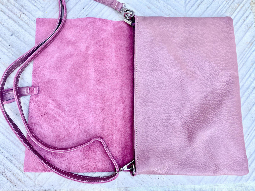 Raspberry pink crossbody / shoulder bag. Soft genuine leather. Medium cerise pink messenger bag. Zipper and adjustable strap
