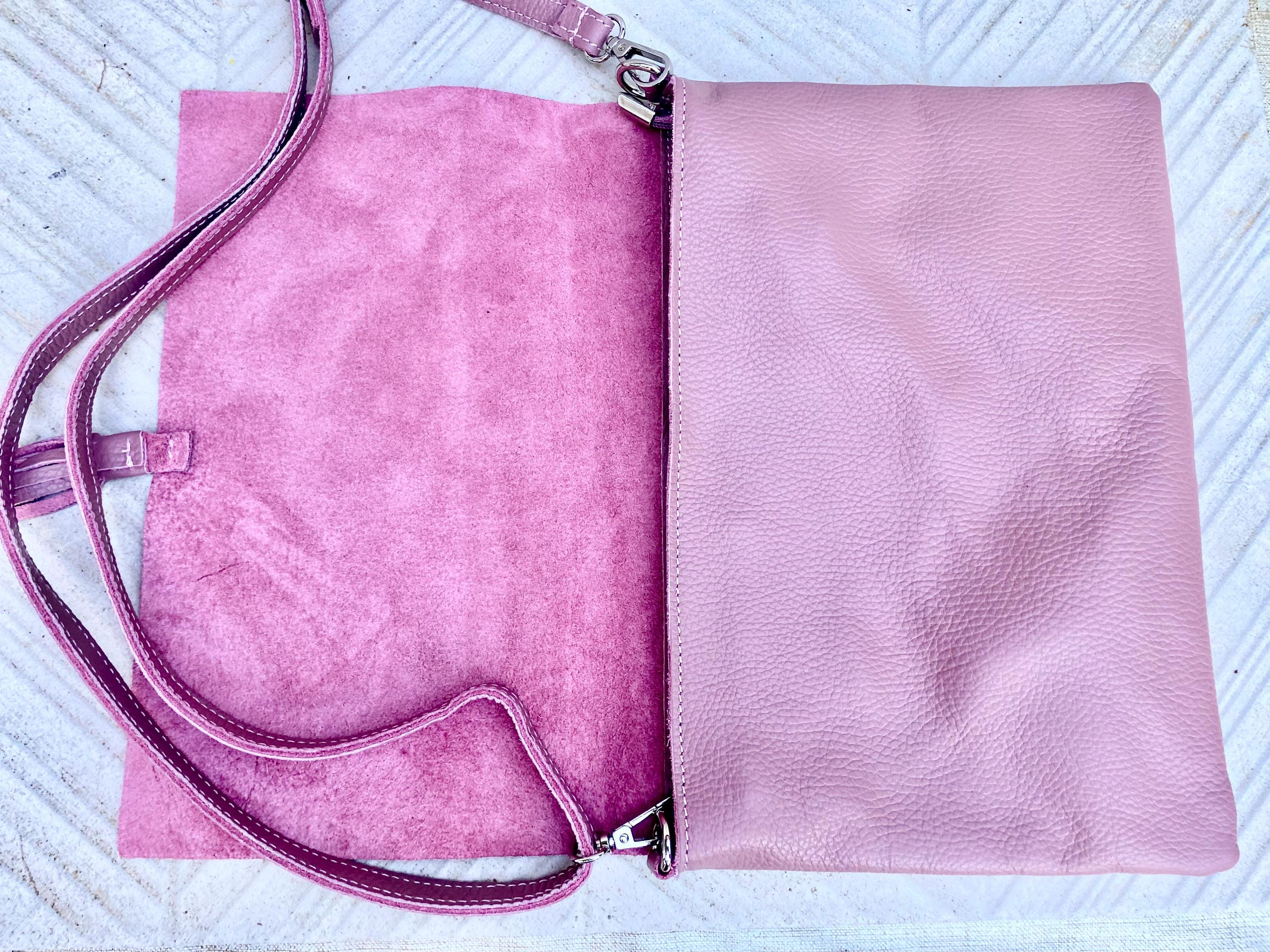 Raspberry pink crossbody / shoulder bag. Soft genuine leather. Medium cerise pink messenger bag. Zipper and adjustable strap