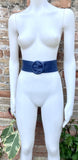 Navy leather waist belt with large round buckle. Soft leather belt in blue .Genuine leather dark blue dress belt. Wide blue waist belt