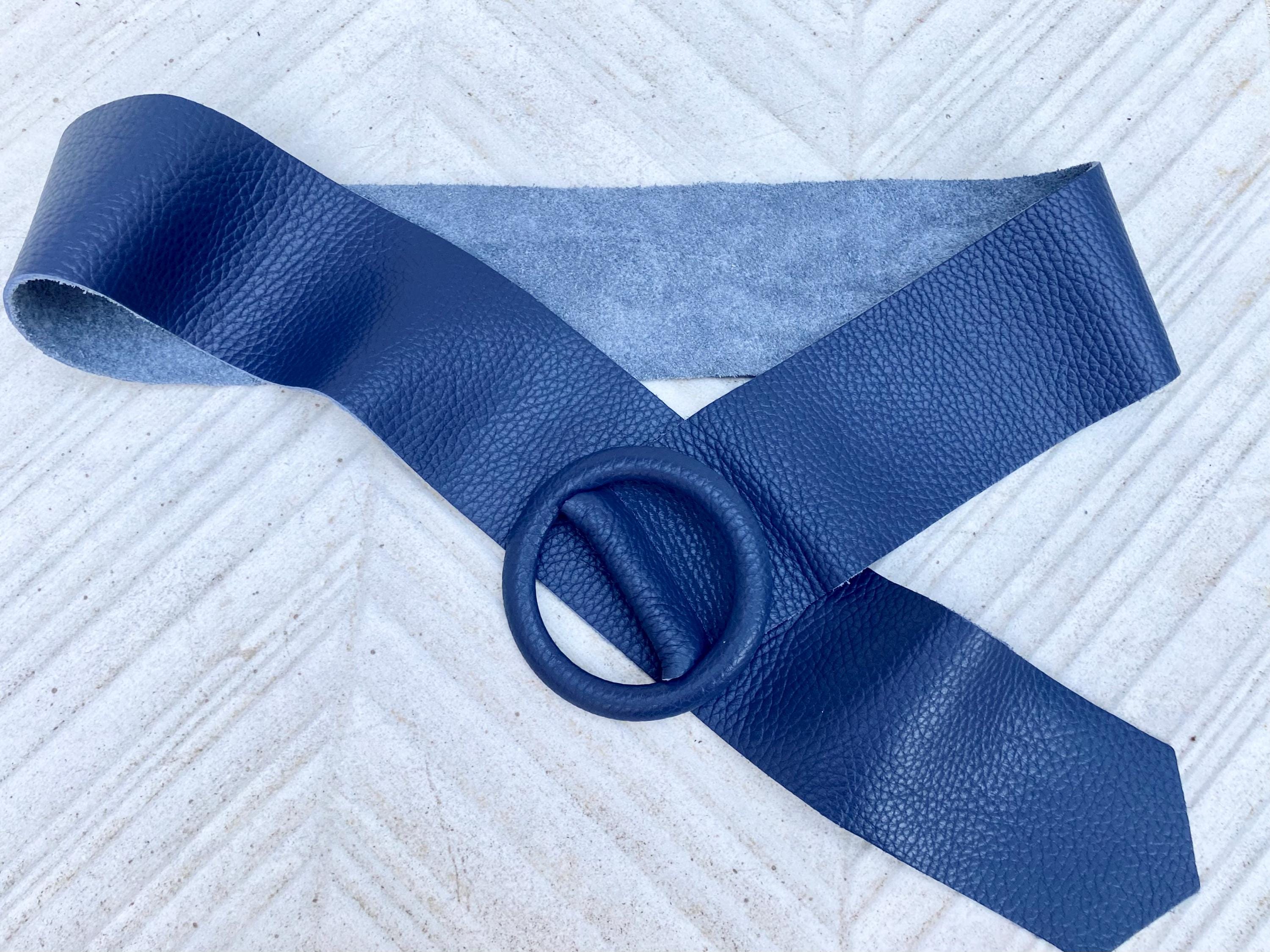 Navy leather waist belt with large round buckle. Soft leather belt in blue .Genuine leather dark blue dress belt. Wide blue waist belt