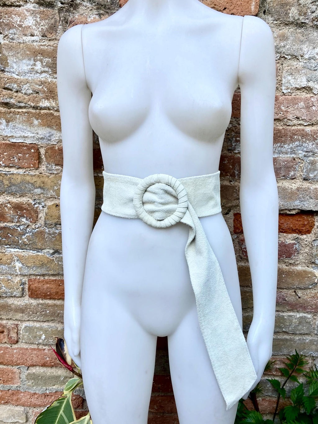 Cream suede waist belt with large round buckle. Broken white boho soft suede belt. Genuine suede leather. Cream dress/ overall belt.