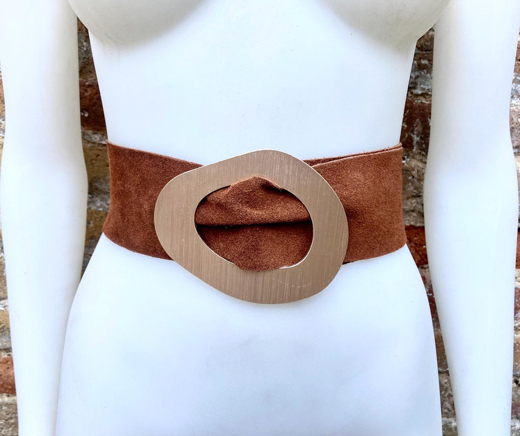 Rusty brown suede waist belt with large metal buckle. Soft suede belt in saddle brown. Camel boho suede belt. Genuine natural suede leather.