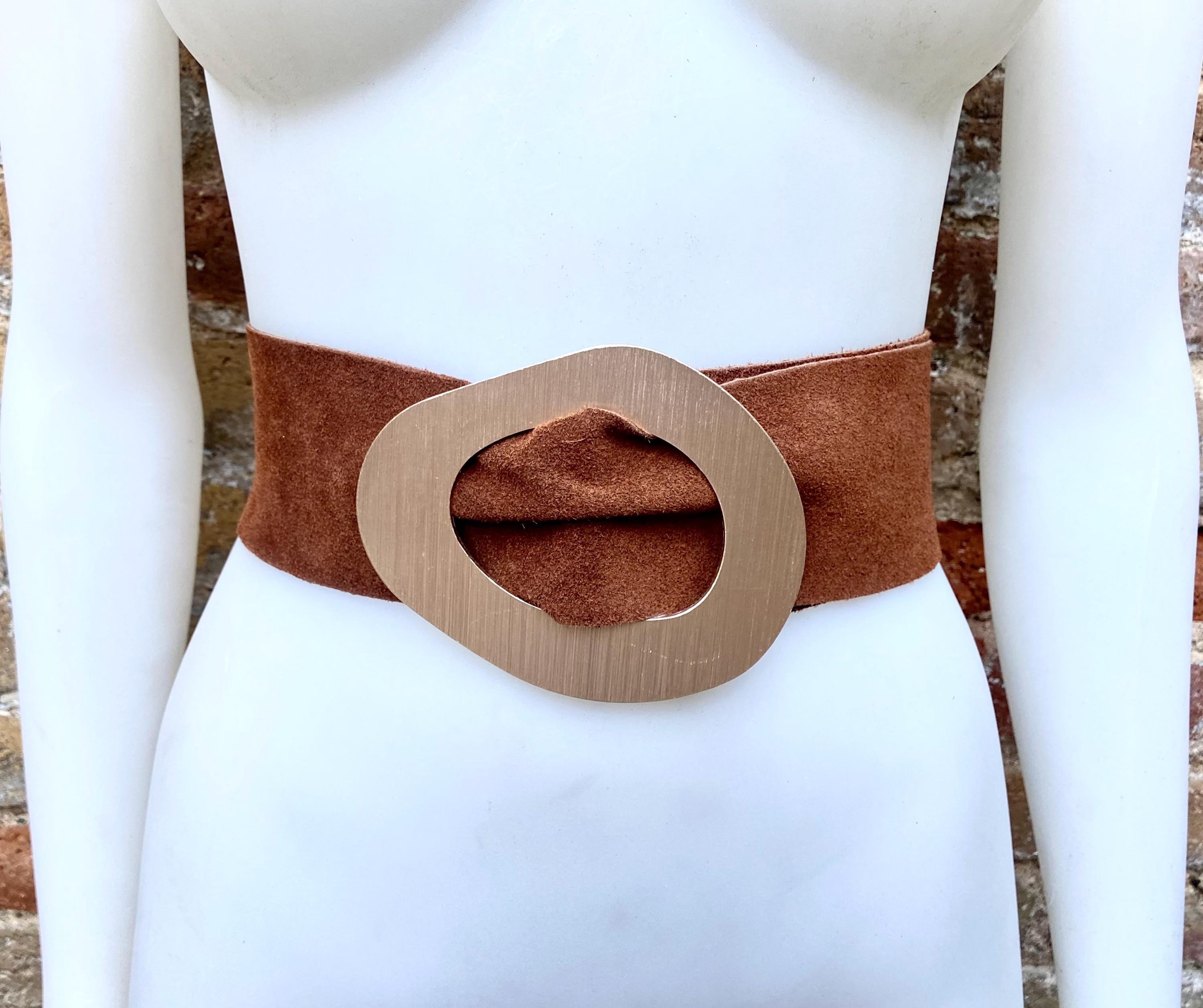 Rusty brown suede waist belt with large metal buckle. Soft suede belt in saddle brown. Camel boho suede belt. Genuine natural suede leather.