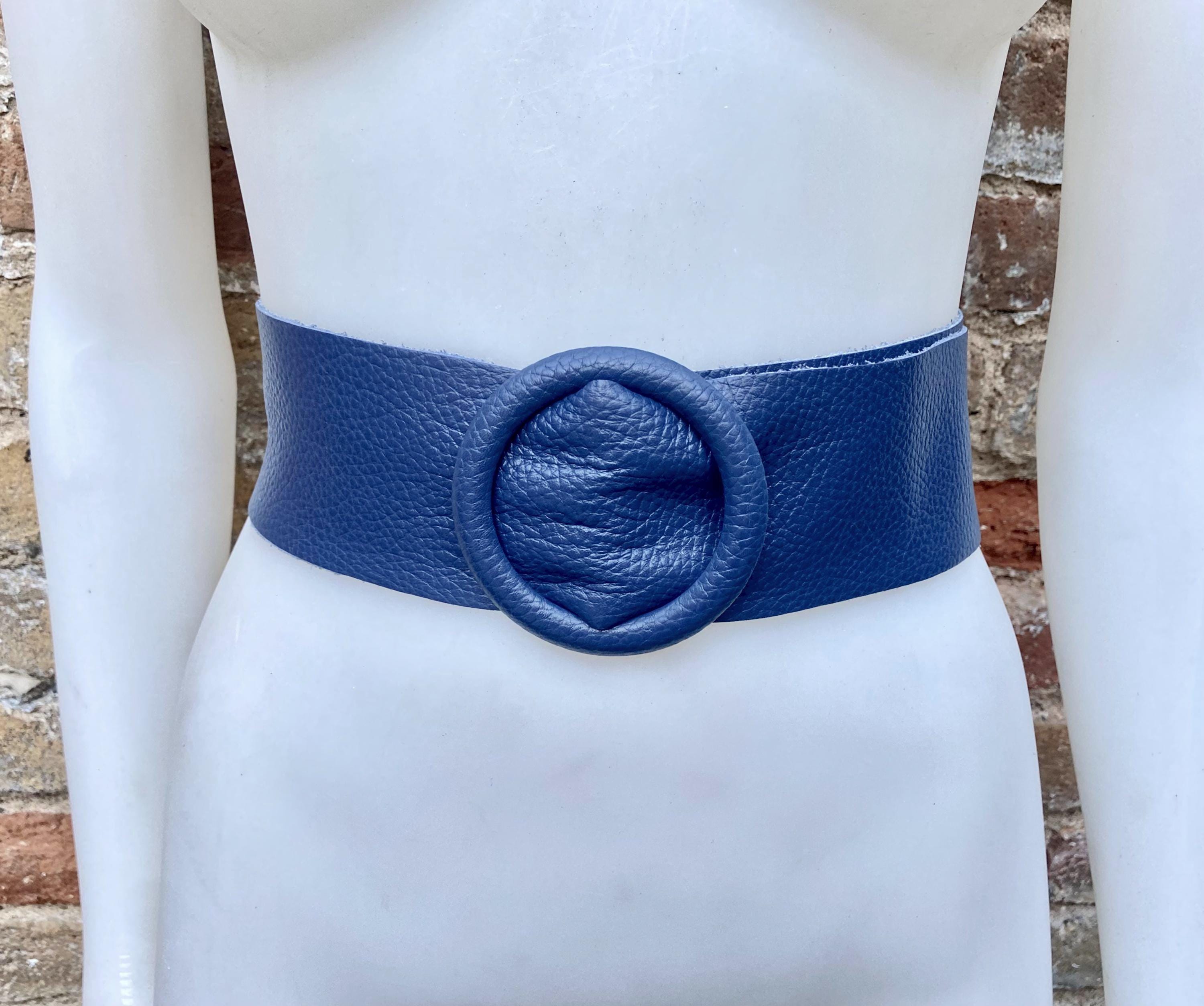 Navy leather waist belt with large round buckle. Soft leather belt in blue .Genuine leather dark blue dress belt. Wide blue waist belt