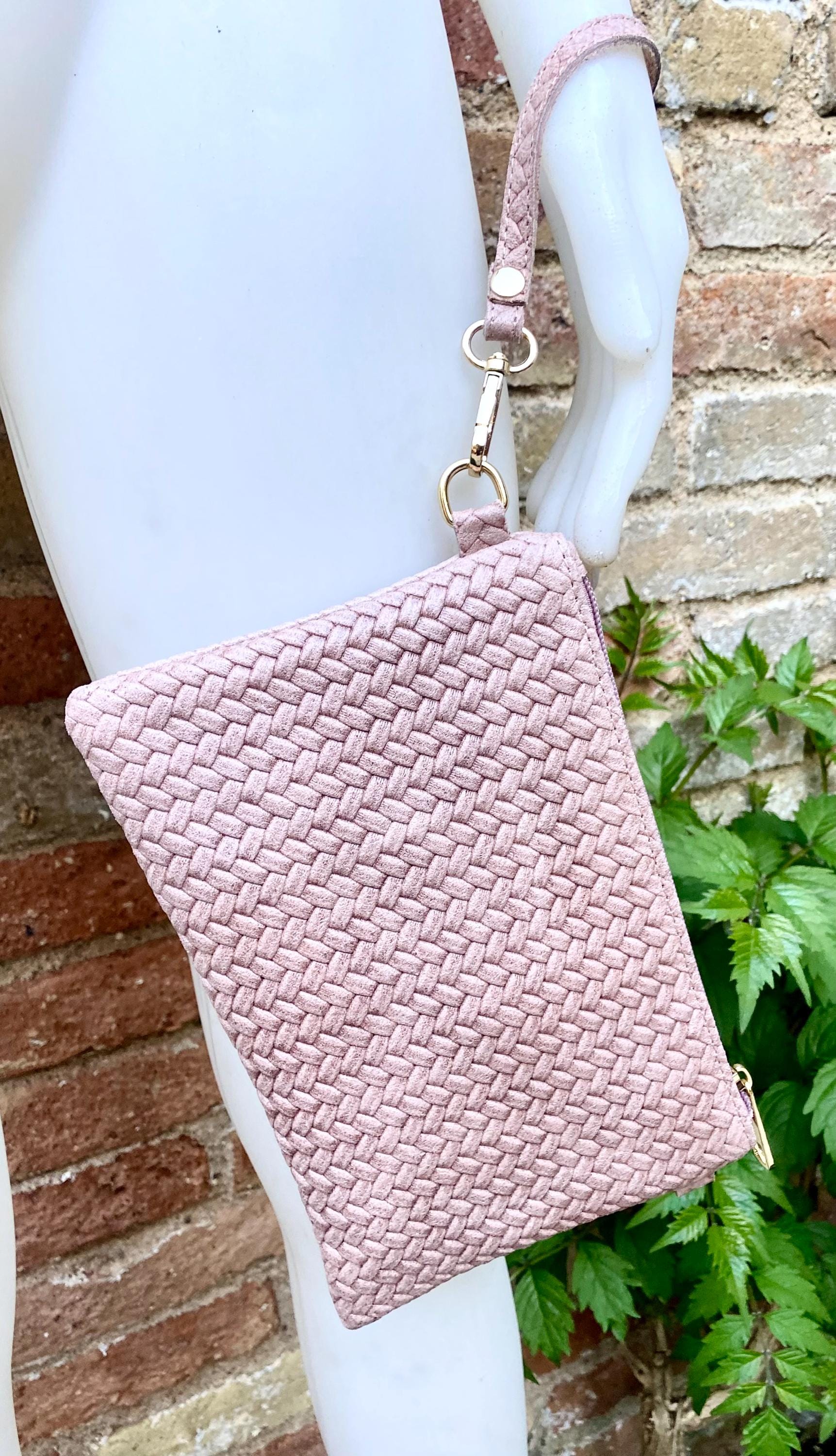 Small leather bag in light dusty pink. Embossed genuine leather. Cross body / shoulder bag / wristlet Pink purse with adjustable strap.