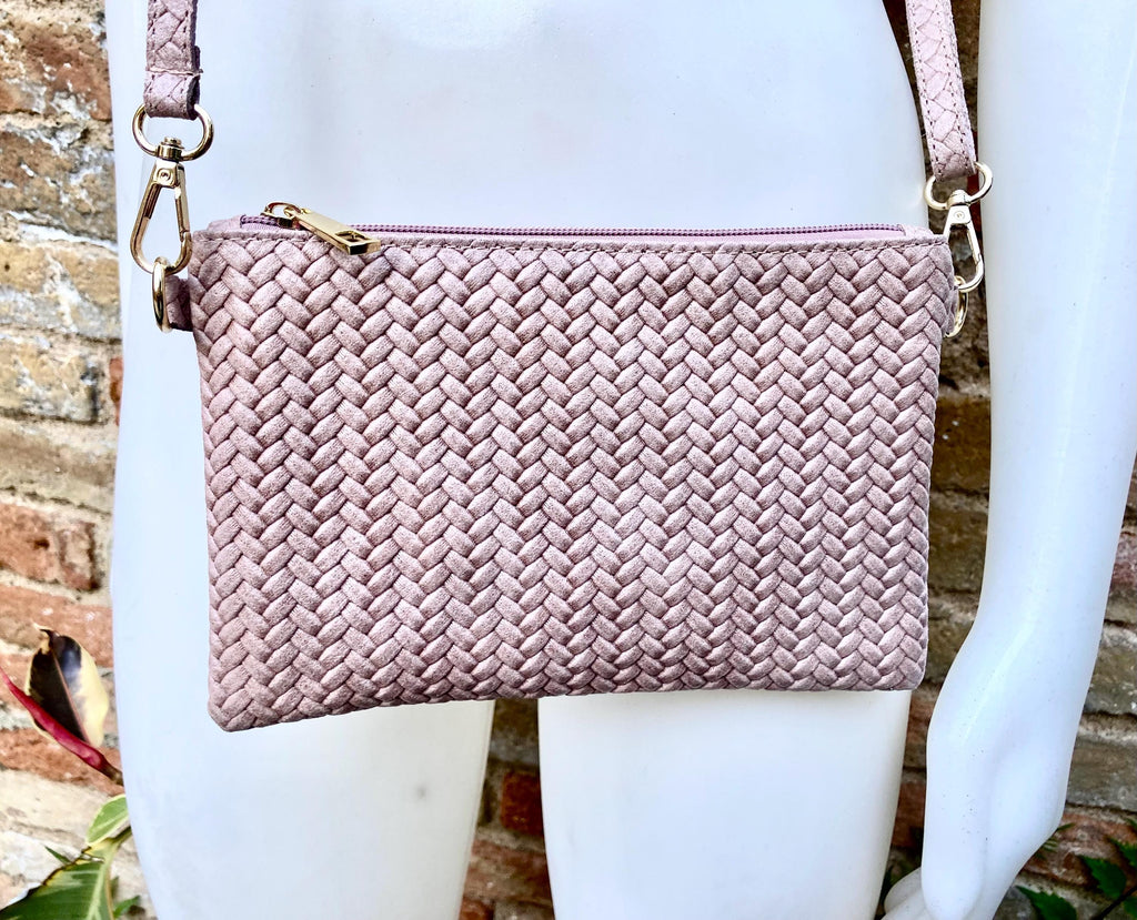 Small leather bag in light dusty pink. Embossed genuine leather. Cross body / shoulder bag / wristlet Pink purse with adjustable strap.