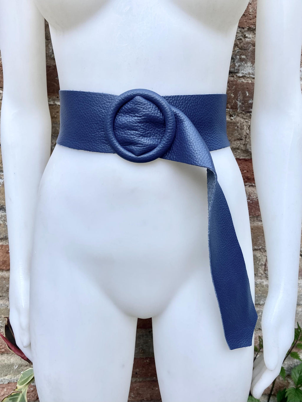 Navy leather waist belt with large round buckle. Soft leather belt in blue .Genuine leather dark blue dress belt. Wide blue waist belt