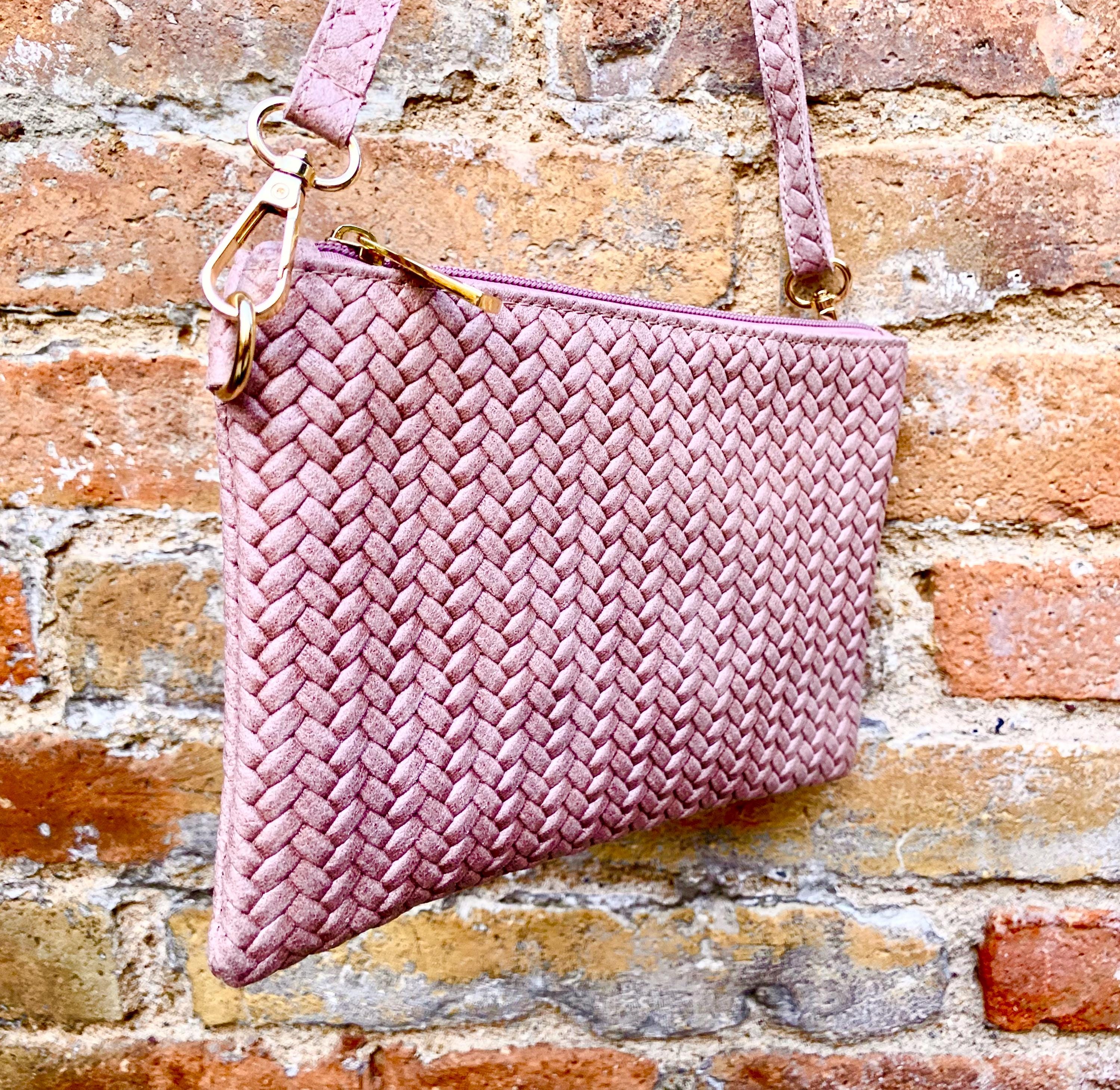 Small leather bag in light dusty pink. Embossed genuine leather. Cross body / shoulder bag / wristlet Pink purse with adjustable strap.