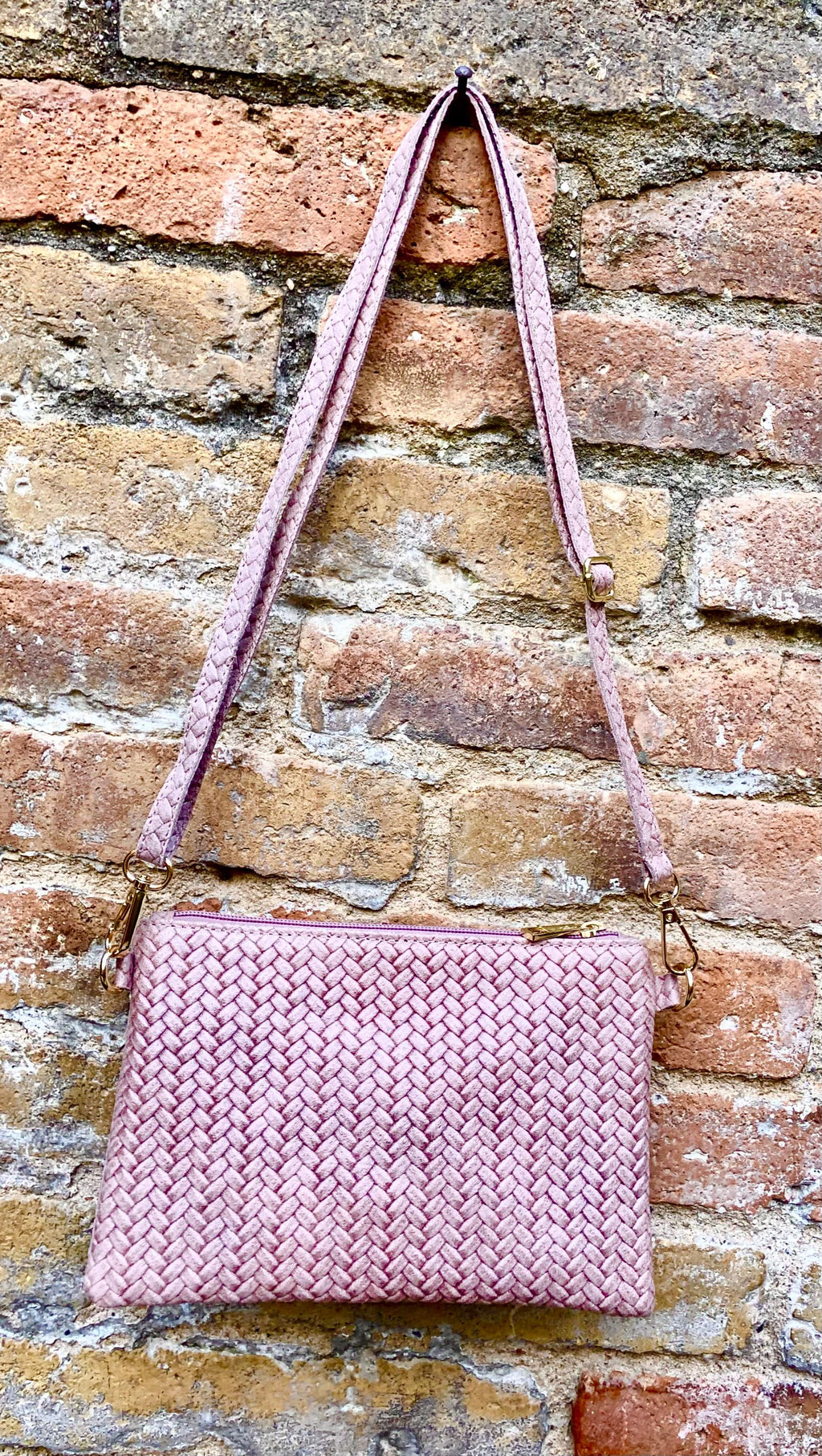 Small leather bag in light dusty pink. Embossed genuine leather. Cross body / shoulder bag / wristlet Pink purse with adjustable strap.