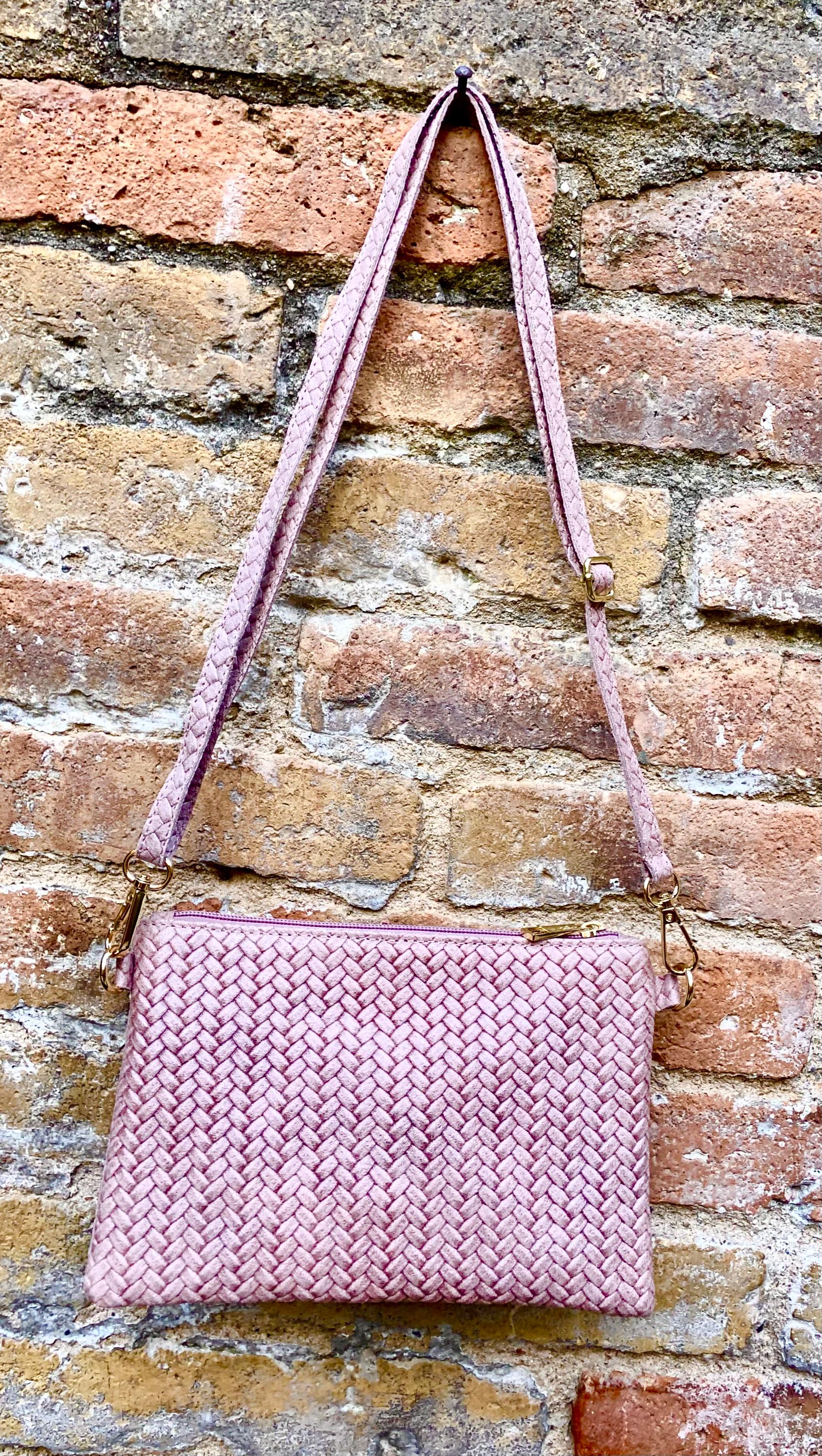 Small leather bag in light dusty pink. Embossed genuine leather. Cross body / shoulder bag / wristlet Pink purse with adjustable strap.