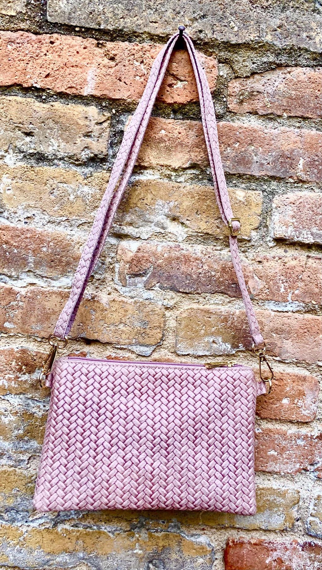 Small leather bag in light dusty pink. Embossed genuine leather. Cross body / shoulder bag / wristlet Pink purse with adjustable strap.