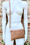 Small leather bag in camel brown. Embossed GENUINE leather crossbody / shoulder bag. Brown leather bag. Tobacco brown purse