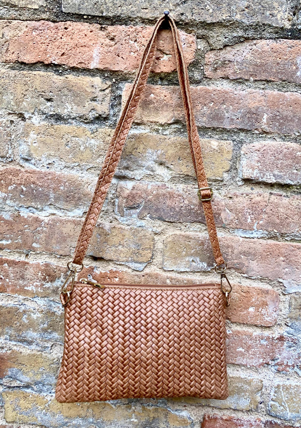 Small leather bag in camel brown. Embossed GENUINE leather crossbody / shoulder bag. Brown leather bag. Tobacco brown purse