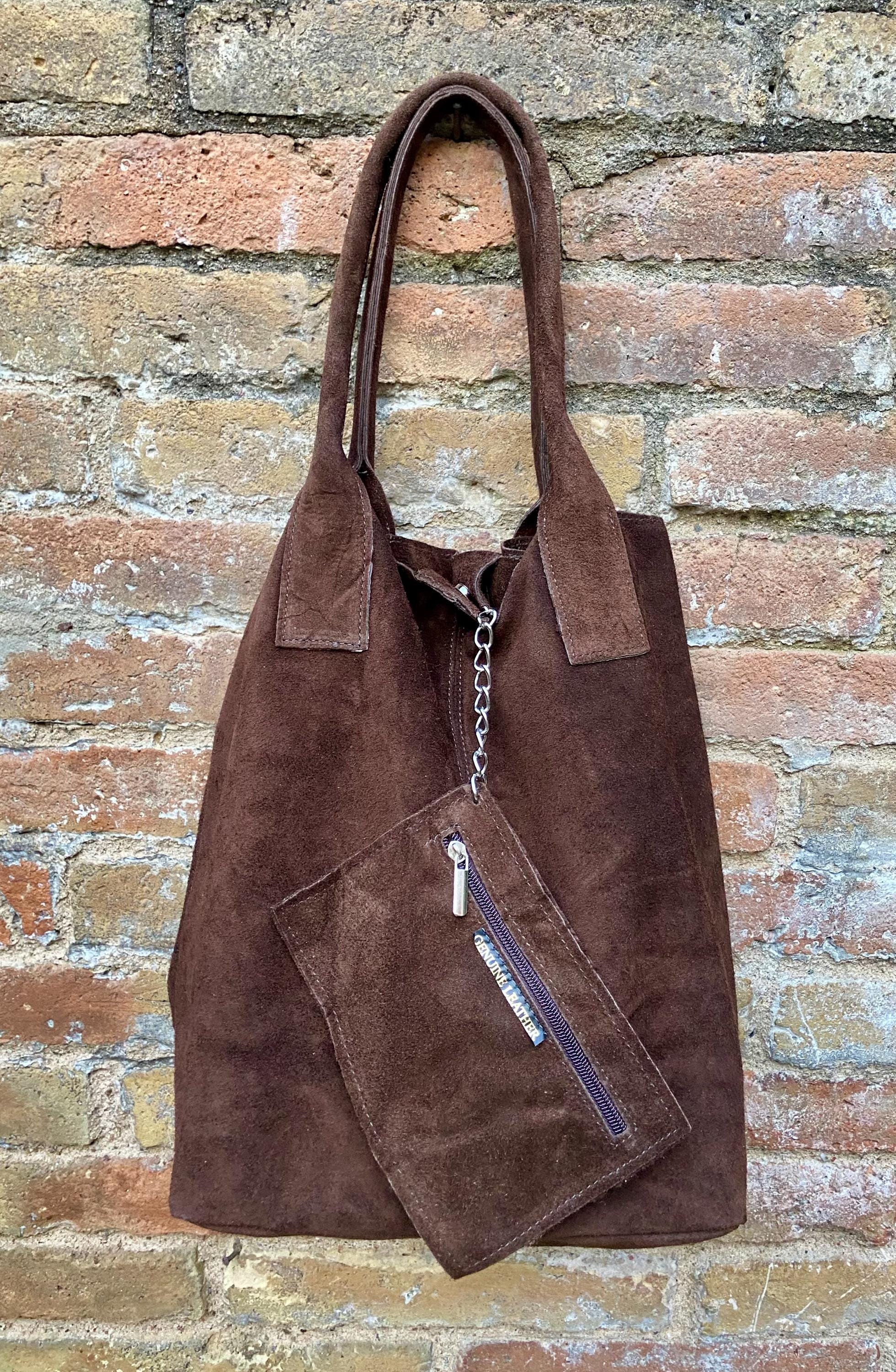 Dark brown fringed shopper bag. Genuine suede leather. Chocolate brown tote bag for laptops, tablets, books. Brown leather purse + fringes