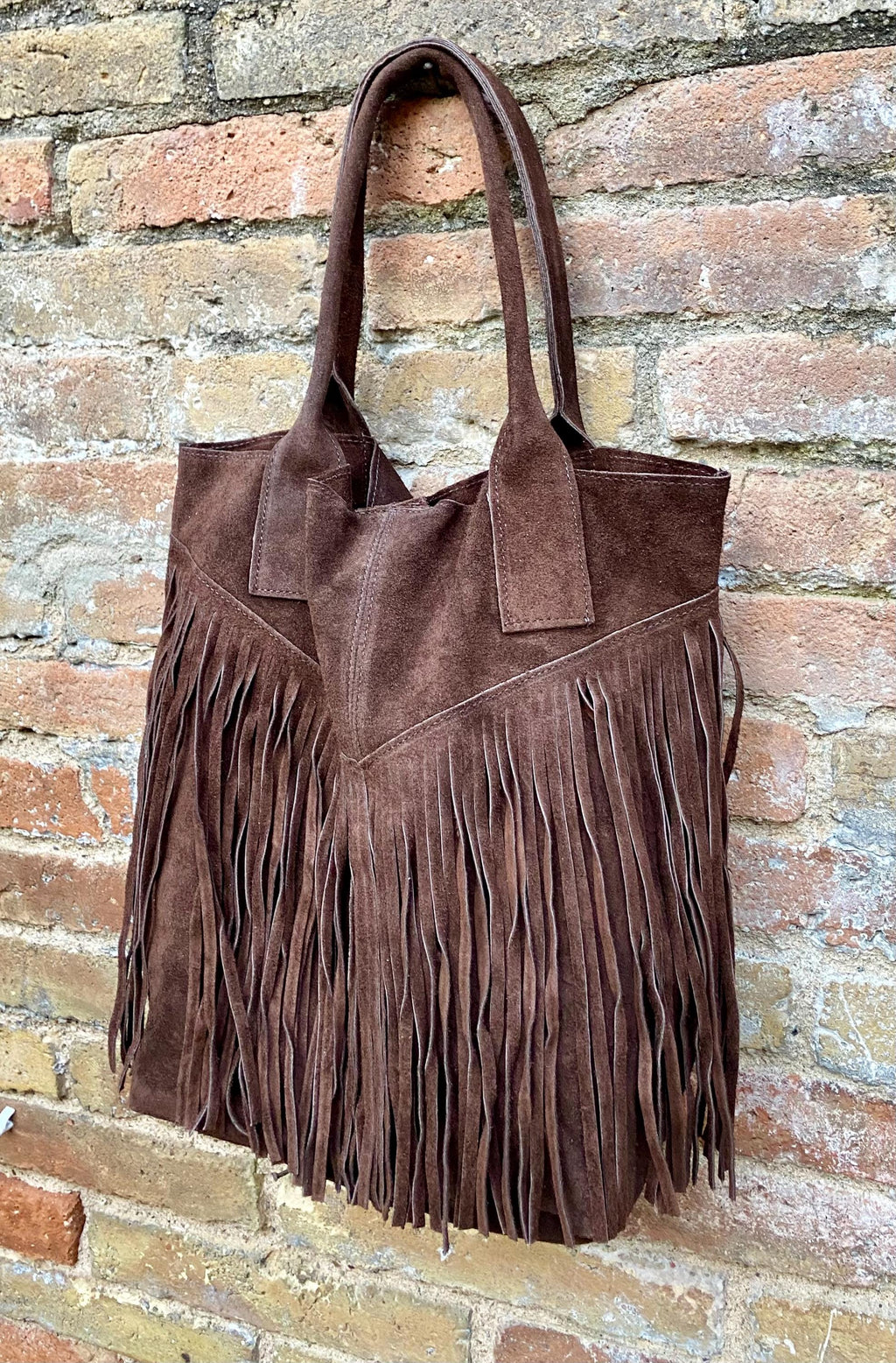 Dark brown fringed shopper bag. Genuine suede leather. Chocolate brown tote bag for laptops, tablets, books. Brown leather purse + fringes