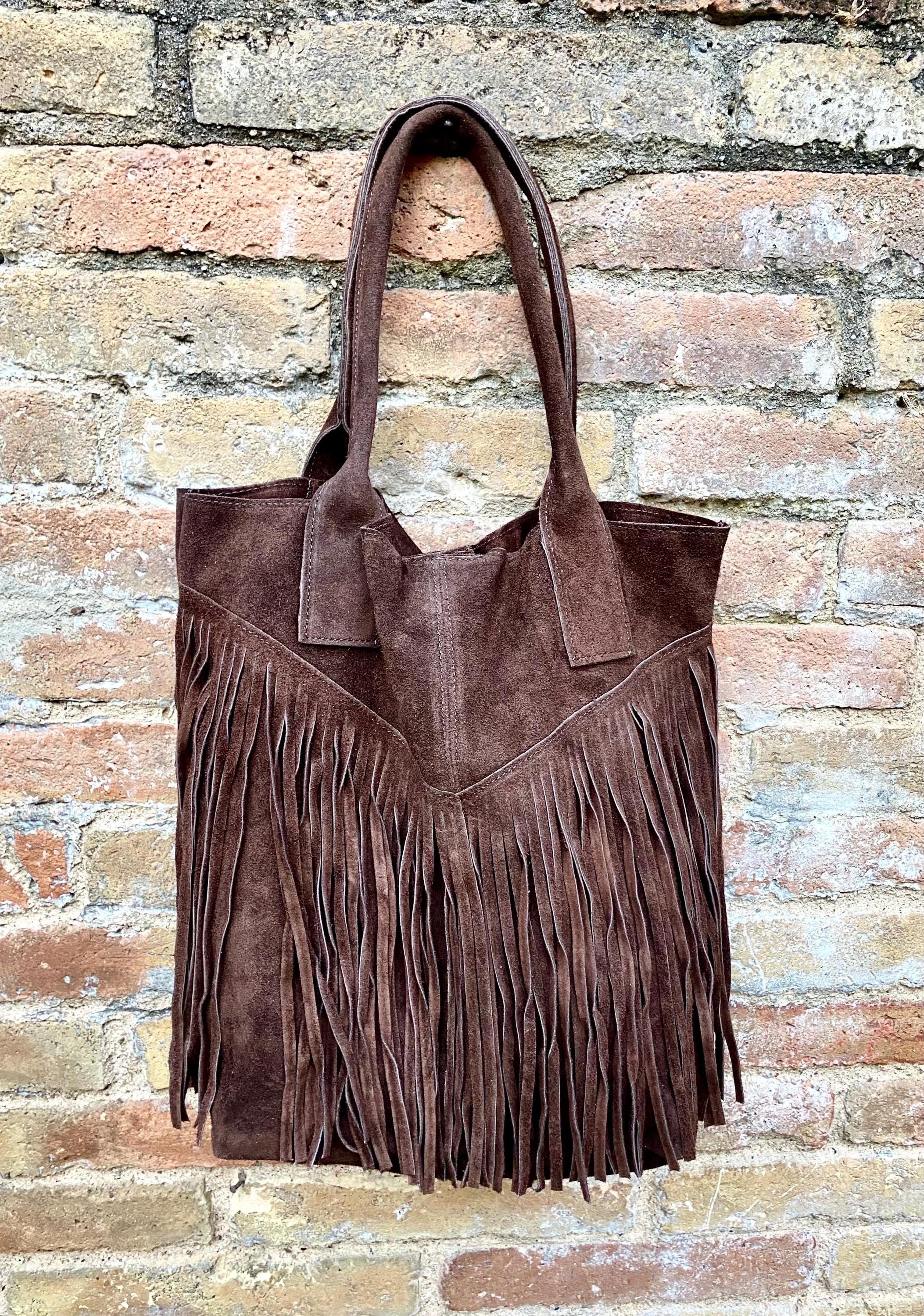 Dark brown fringed shopper bag. Genuine suede leather. Chocolate brown tote bag for laptops, tablets, books. Brown leather purse + fringes