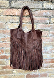Dark brown fringed shopper bag. Genuine suede leather. Chocolate brown tote bag for laptops, tablets, books. Brown leather purse + fringes