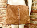 Camel brown leather bag. Boho messenger bag. GENUINE LEATHER Cross body or shoulder bag. Saddle brown suede leather purse with zipper