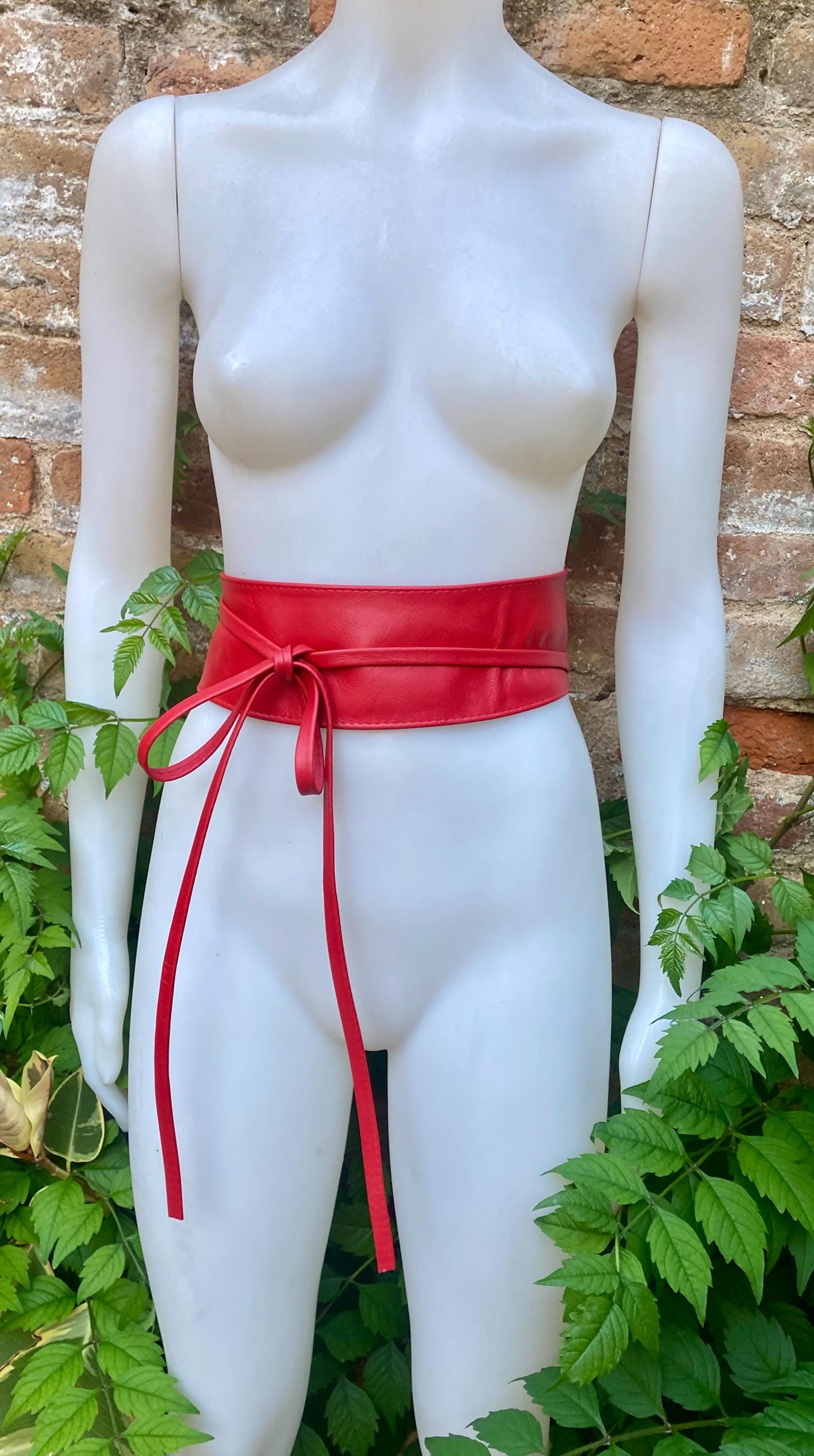 Red wrap belt in soft leather. LONGER option. Waist, dress or wraparound belt in genuine leather. Boho obi red belt.
