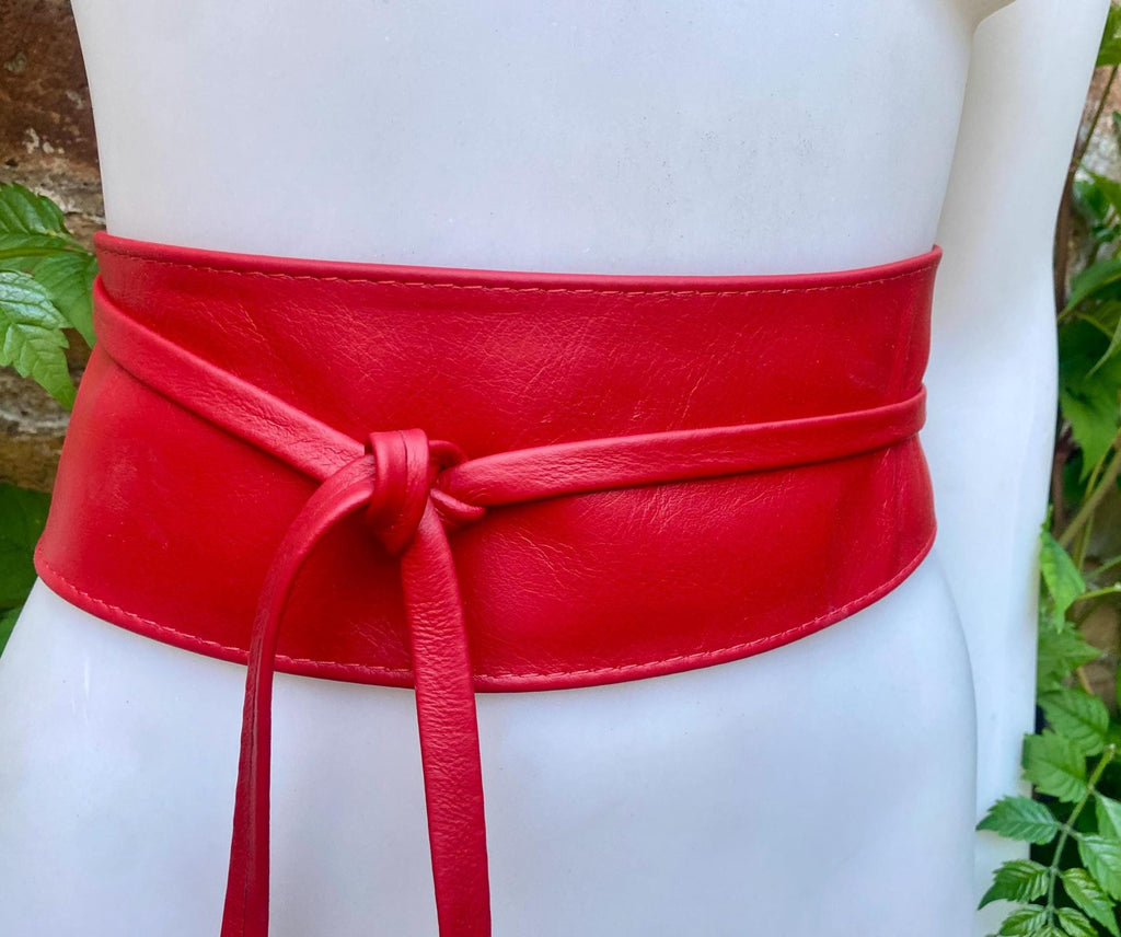 Red wrap belt in soft leather. LONGER option. Waist, dress or wraparound belt in genuine leather. Boho obi red belt.