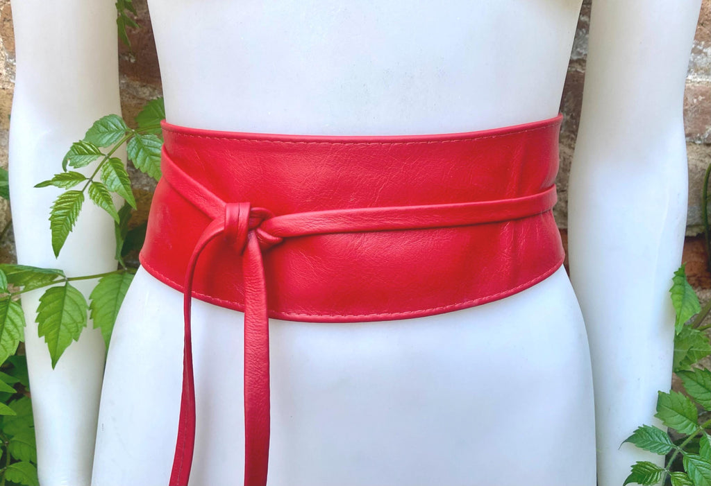 Red wrap belt in soft leather. LONGER option. Waist, dress or wraparound belt in genuine leather. Boho obi red belt.