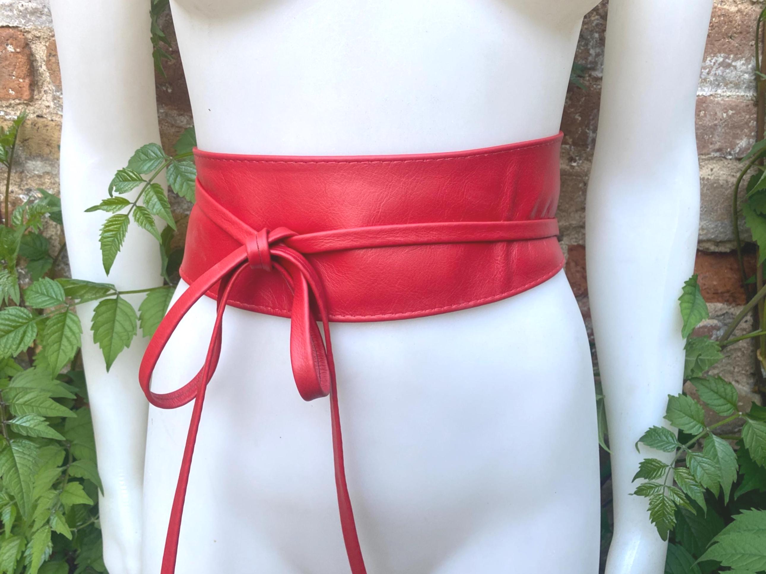 Red wrap belt in soft leather. LONGER option. Waist, dress or wraparound belt in genuine leather. Boho obi red belt.