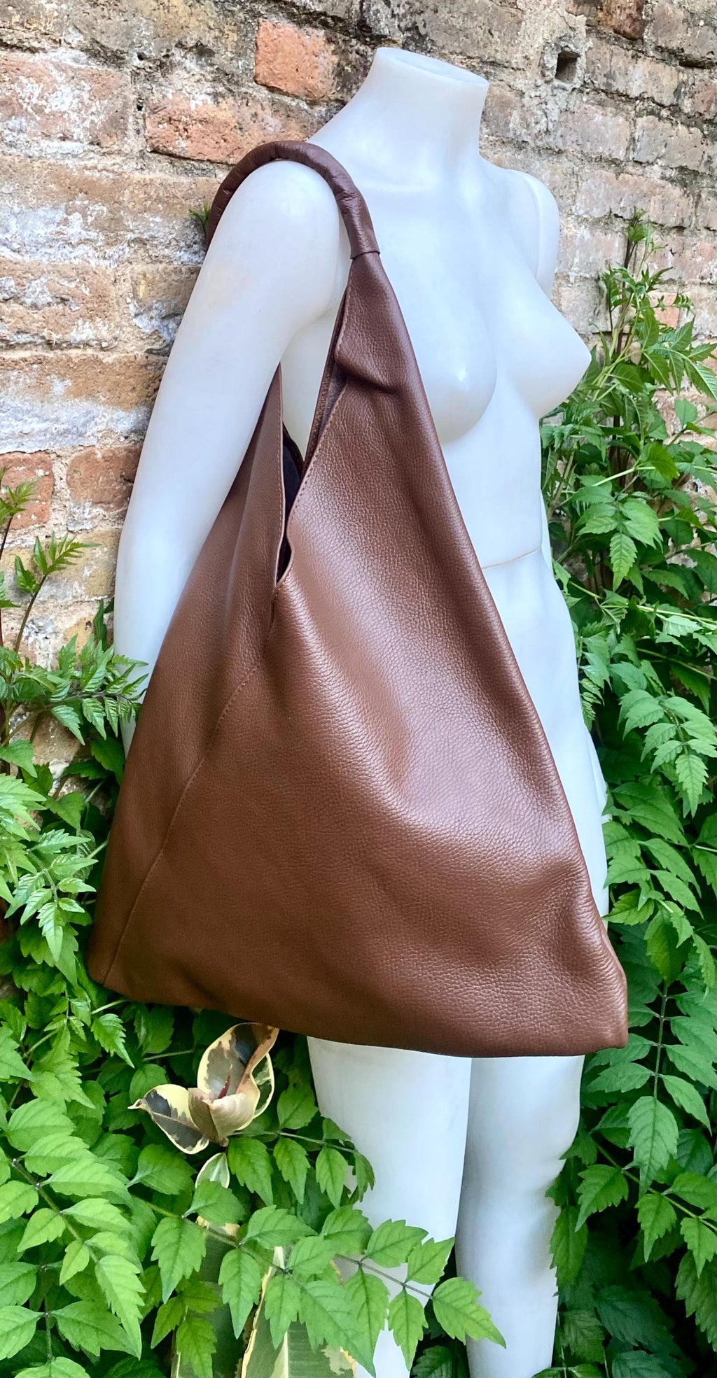 Slouch leather bag in dark brown. Large shoulder leather bag. Origami boho bag. Large brown GENUINE leather purse. Rusty brown shopper bag