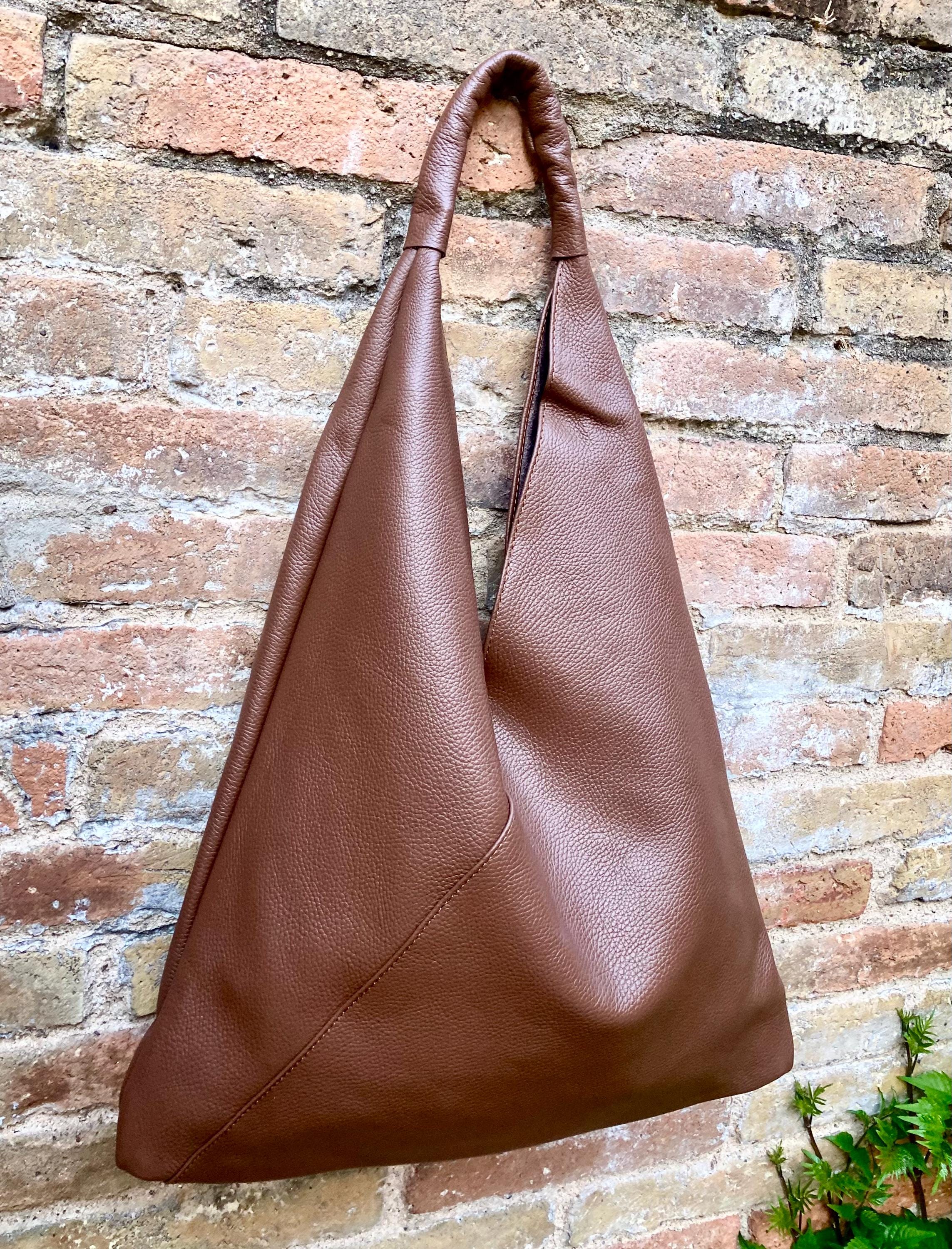 Slouch leather bag in dark brown. Large shoulder leather bag. Origami boho bag. Large brown GENUINE leather purse. Rusty brown shopper bag