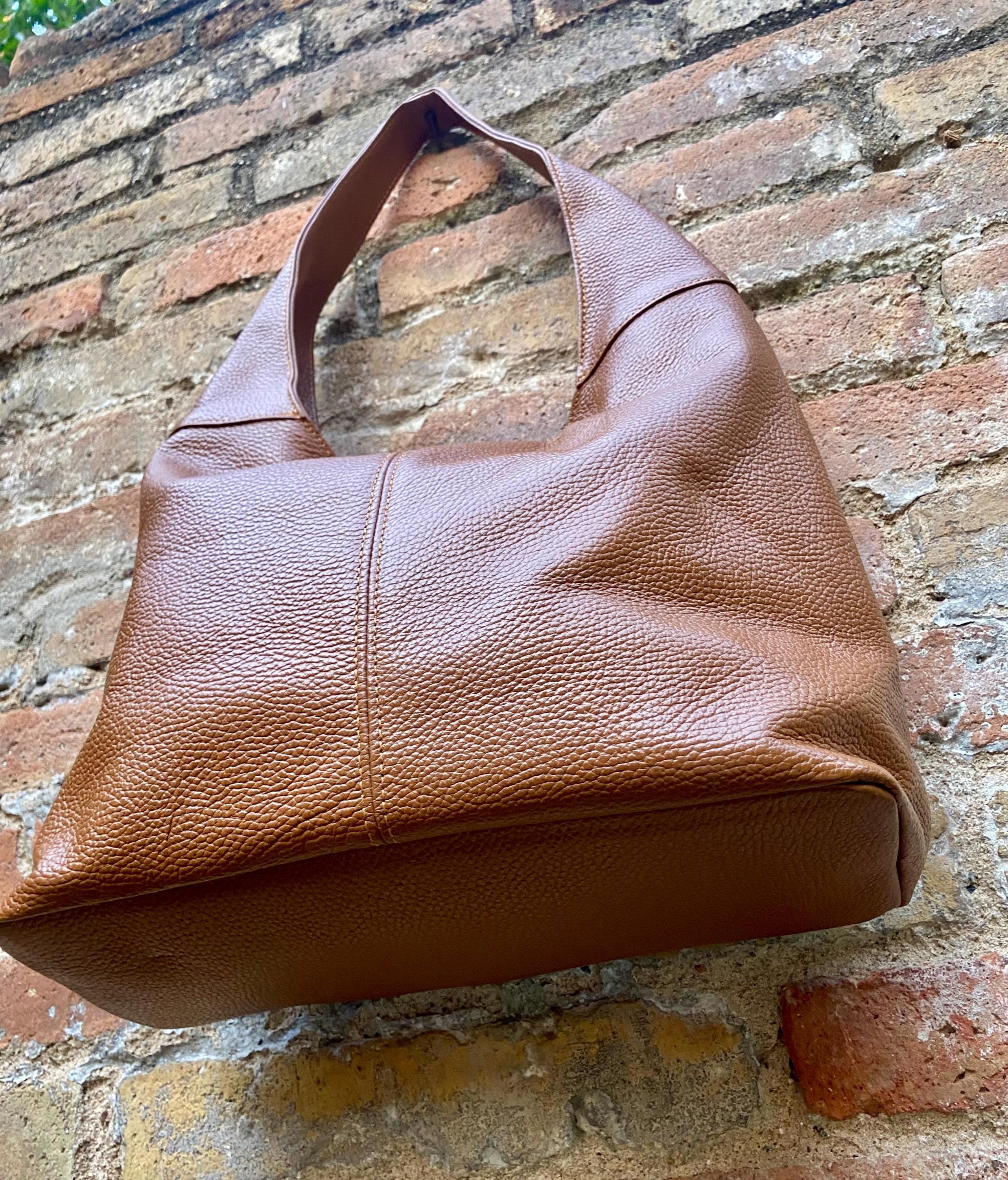 Camel brown slouch leather bag . Lined shoulder leather bag with wide strap and zipper. Large brown GENUINE leather purse. Brown shopper bag