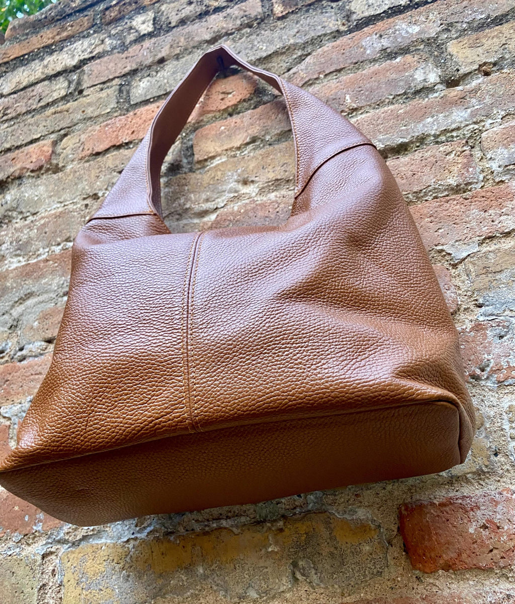 Camel brown slouch leather bag . Lined shoulder leather bag with wide strap and zipper. Large brown GENUINE leather purse. Brown shopper bag