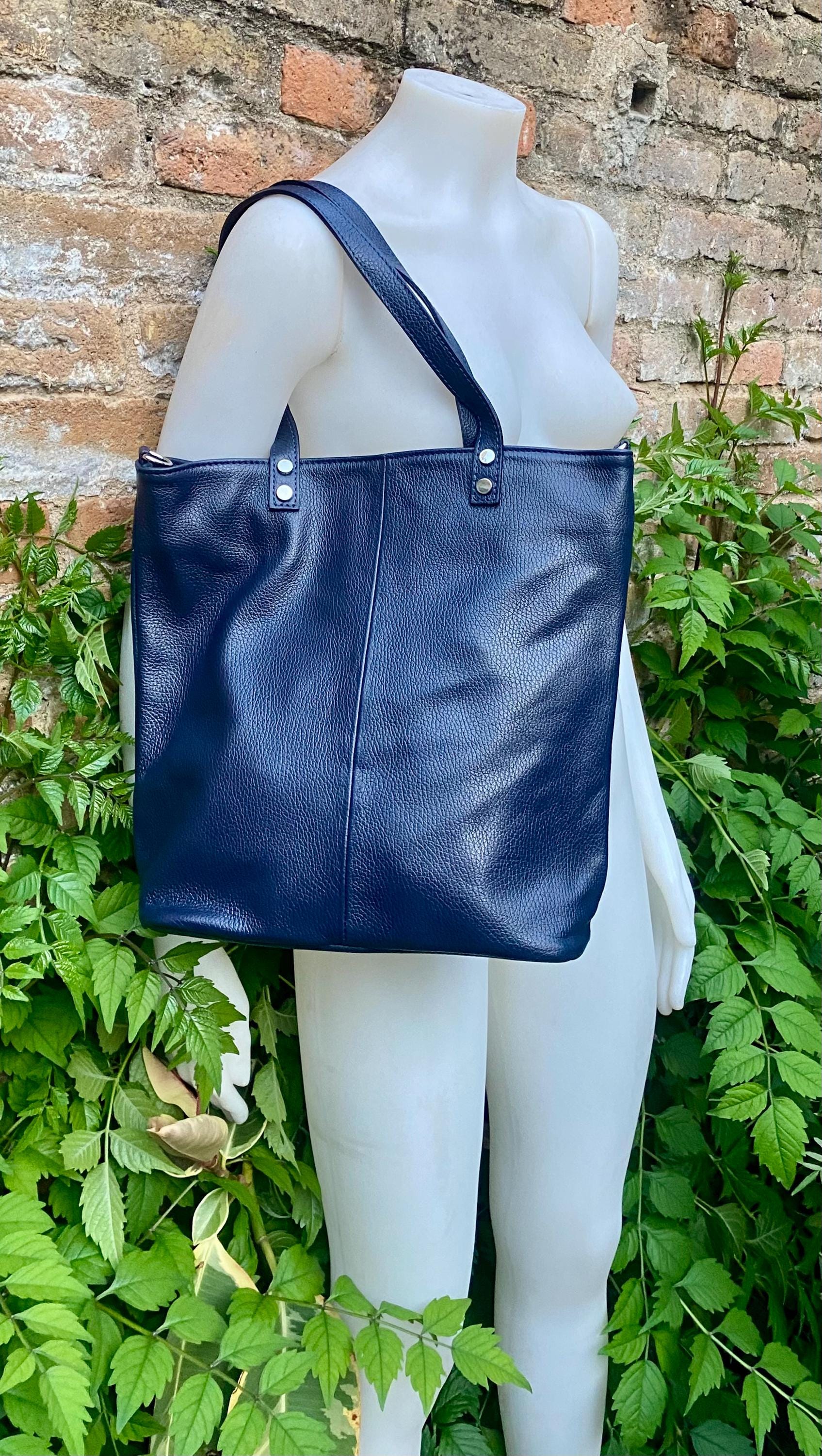 Navy blue leather shoulder / crossbody bag. Genuine leather NAVY tote. Laptop, tablet or book bag with lining and zipper.
