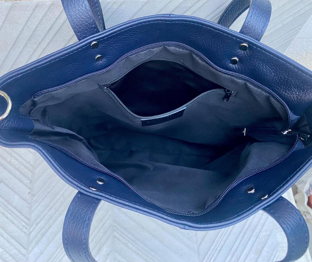 Navy blue leather shoulder / crossbody bag. Genuine leather NAVY tote. Laptop, tablet or book bag with lining and zipper.