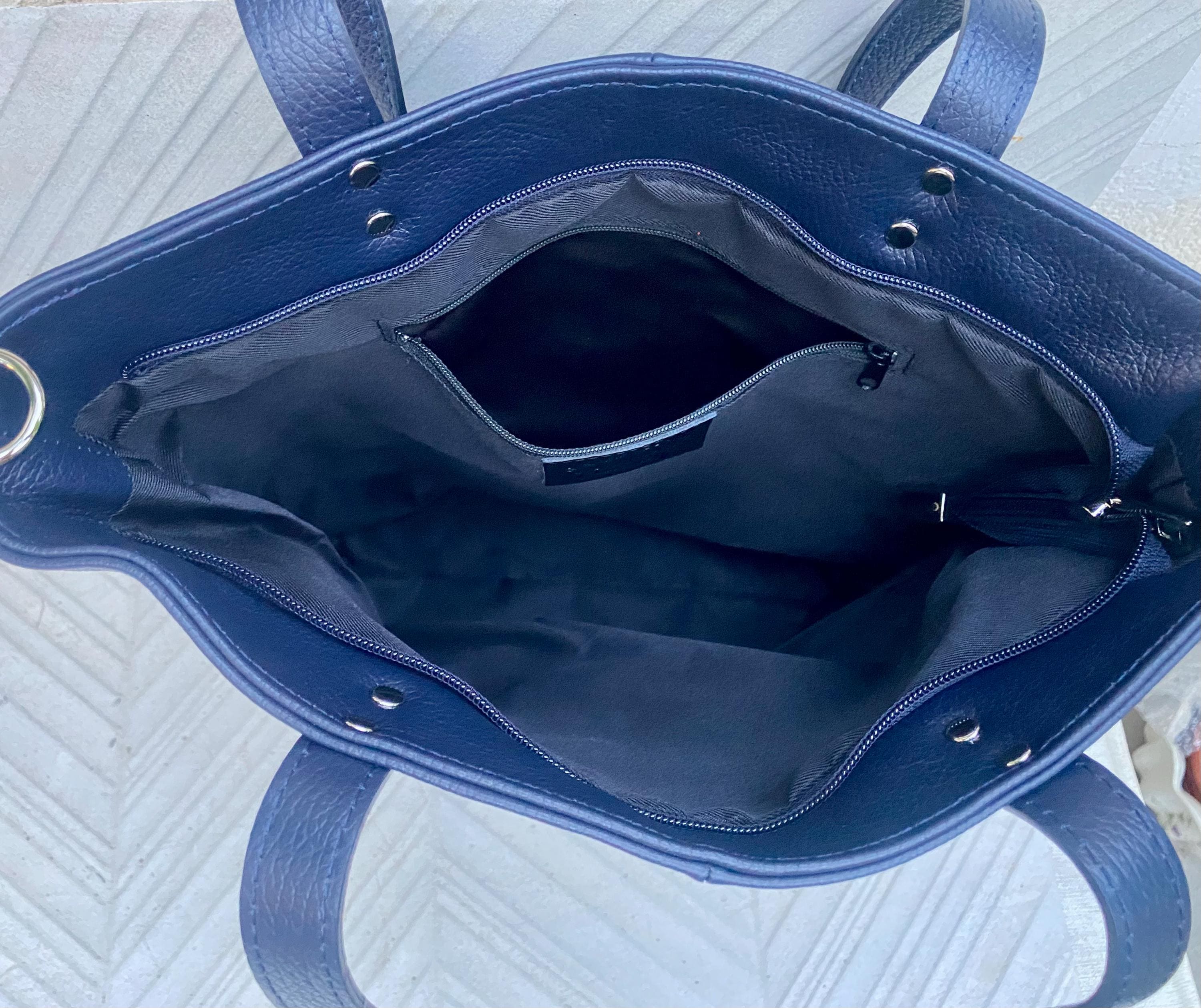 Navy blue leather shoulder / crossbody bag. Genuine leather NAVY tote. Laptop, tablet or book bag with lining and zipper.
