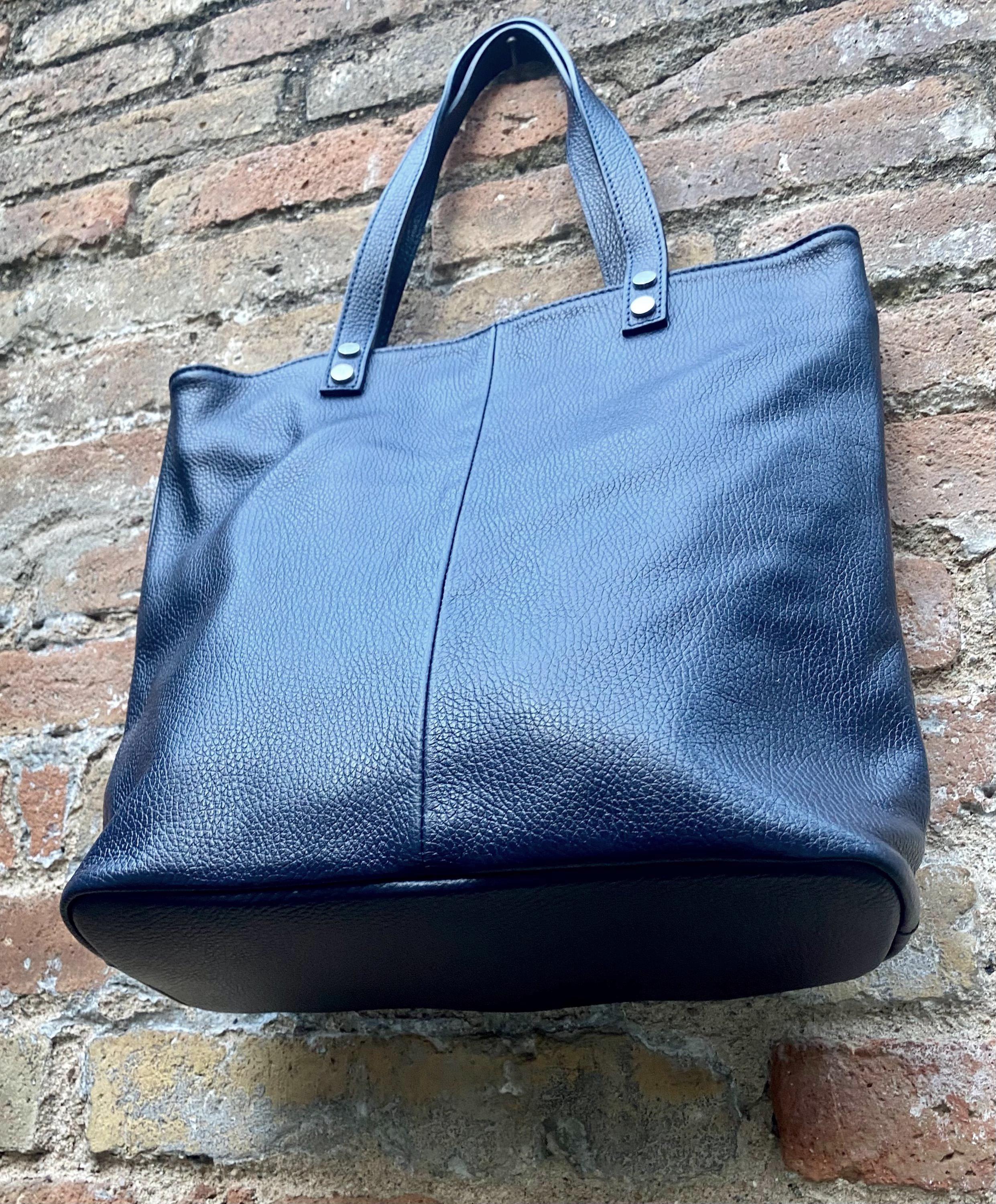 Navy blue leather shoulder / crossbody bag. Genuine leather NAVY tote. Laptop, tablet or book bag with lining and zipper.