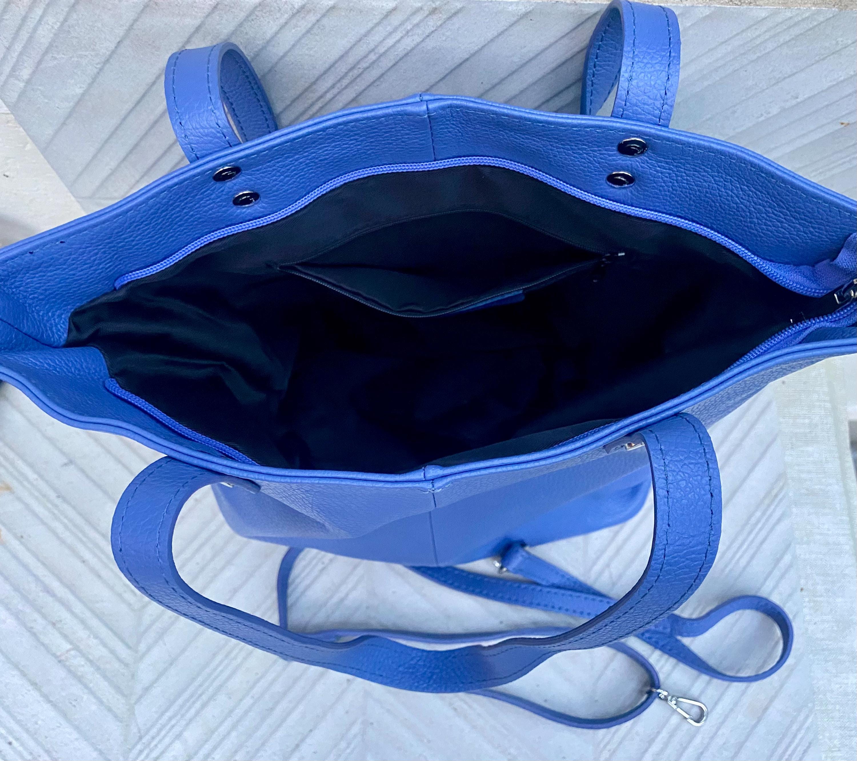 Purple - blue leather shoulder / crossbody bag. Genuine leather periwinkle color tote. Laptop, tablet or book bag with lining and zipper.