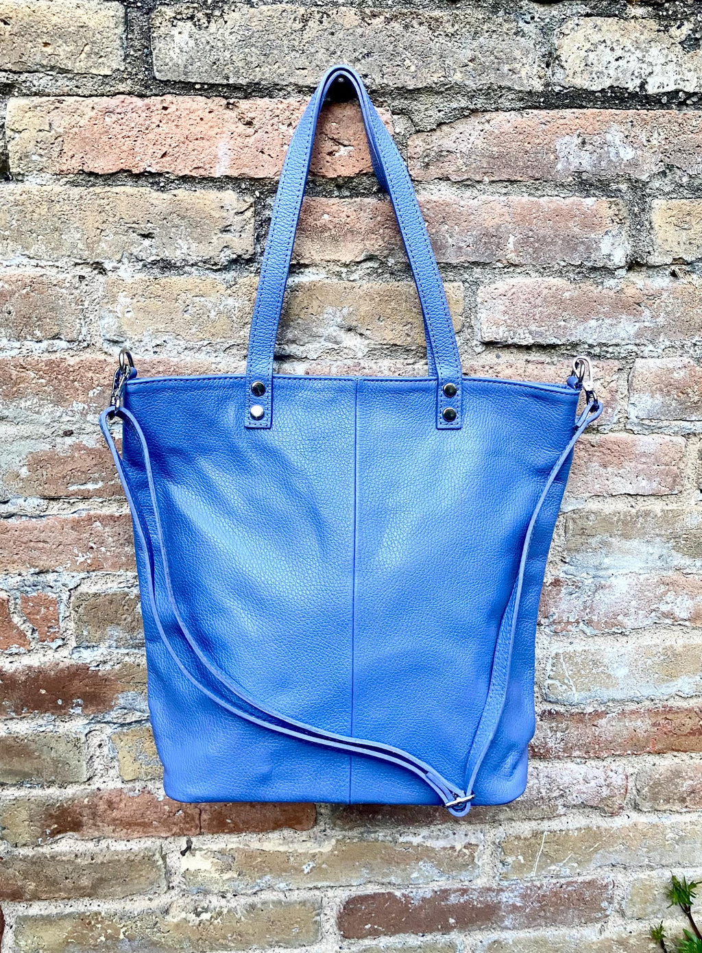 Purple - blue leather shoulder / crossbody bag. Genuine leather periwinkle color tote. Laptop, tablet or book bag with lining and zipper.
