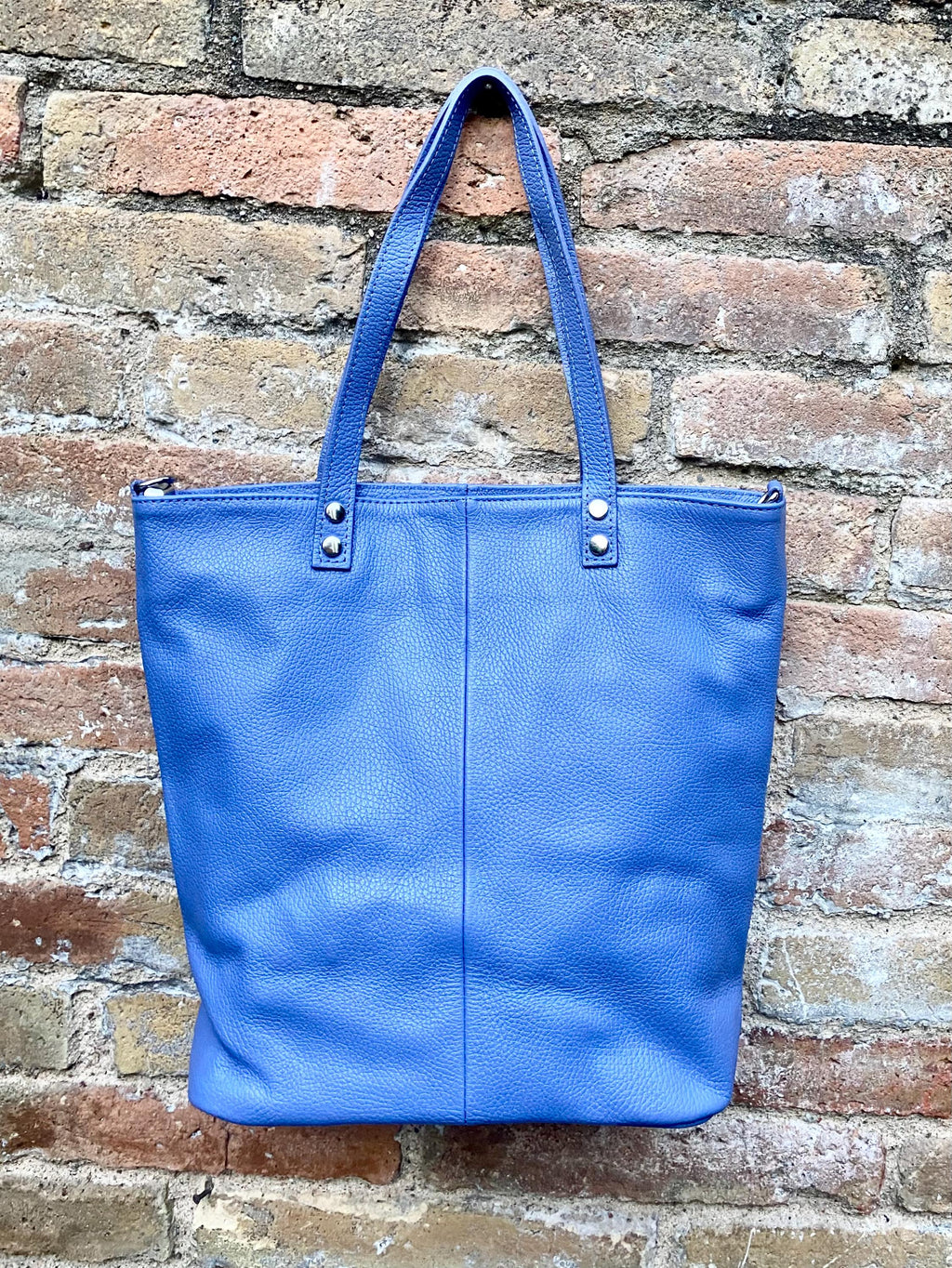 Purple - blue leather shoulder / crossbody bag. Genuine leather periwinkle color tote. Laptop, tablet or book bag with lining and zipper.
