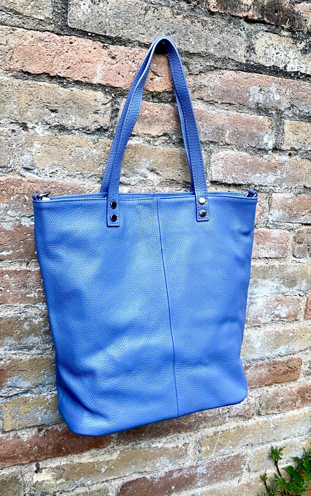 Purple - blue leather shoulder / crossbody bag. Genuine leather periwinkle color tote. Laptop, tablet or book bag with lining and zipper.