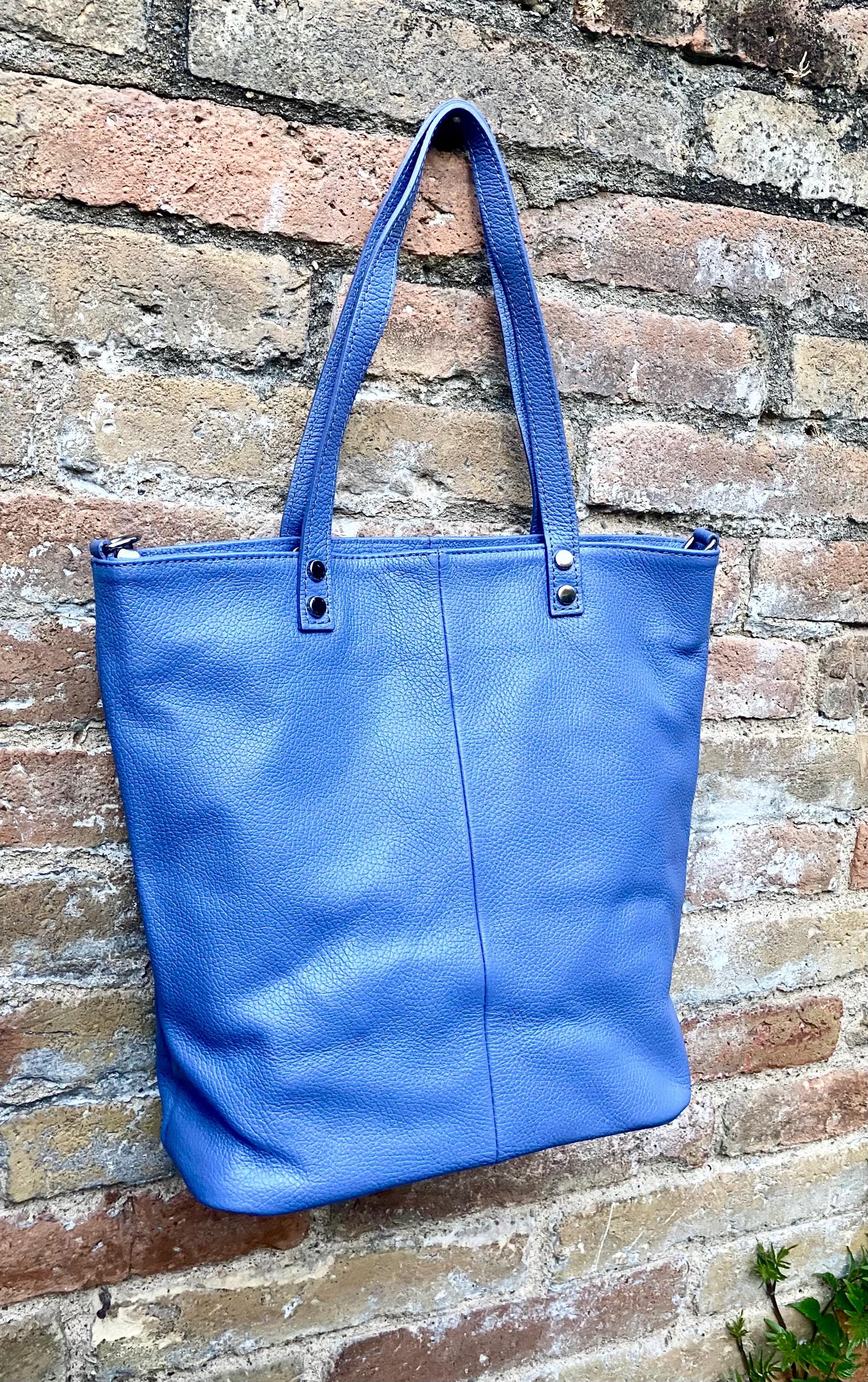 Purple - blue leather shoulder / crossbody bag. Genuine leather periwinkle color tote. Laptop, tablet or book bag with lining and zipper.