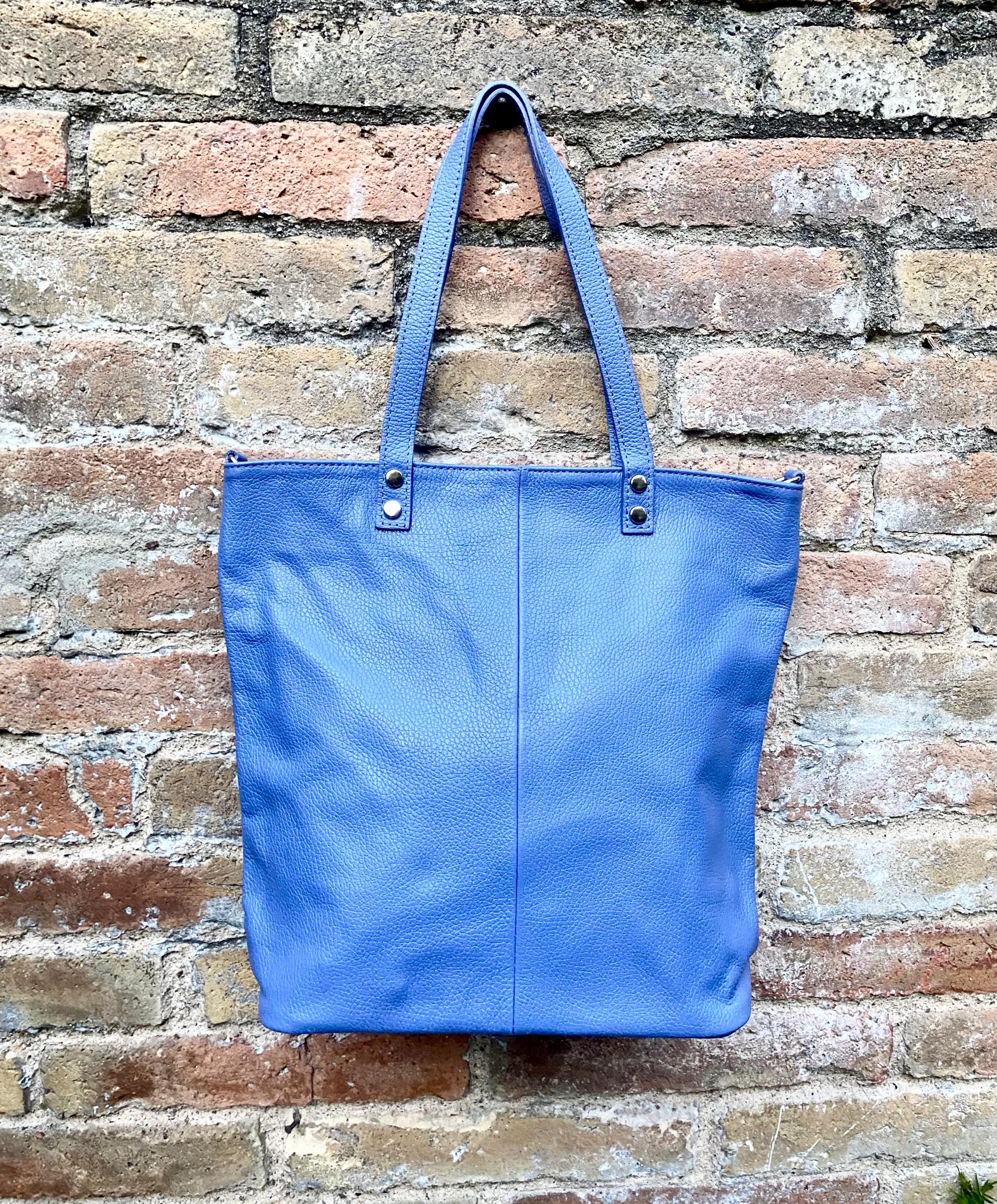 Purple - blue leather shoulder / crossbody bag. Genuine leather periwinkle color tote. Laptop, tablet or book bag with lining and zipper.