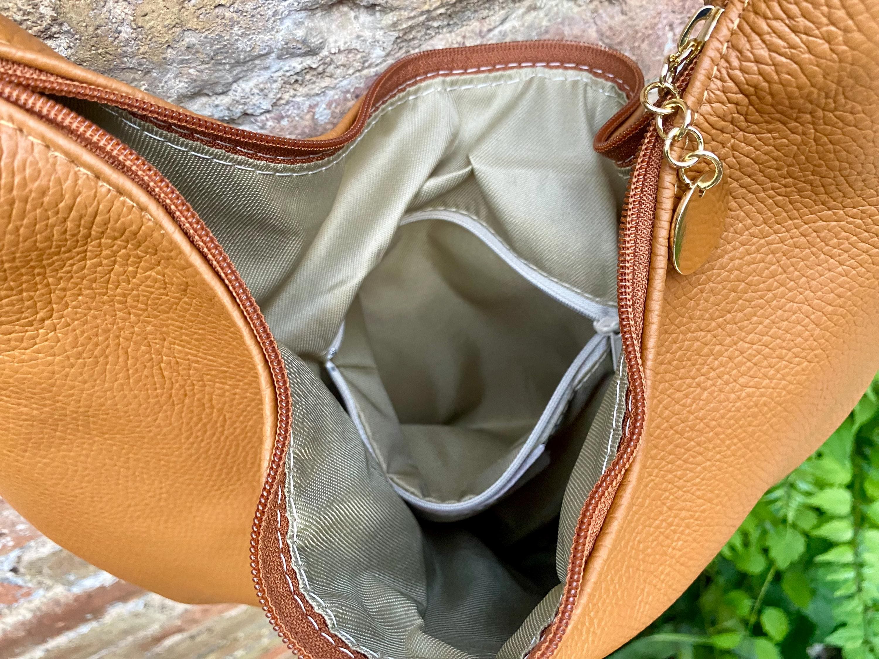 Camel brown leather slouchy bag with ZIPPER + lining. Soft natural genuine leather bag. Light brown leather purse. Brown leather hobo bag